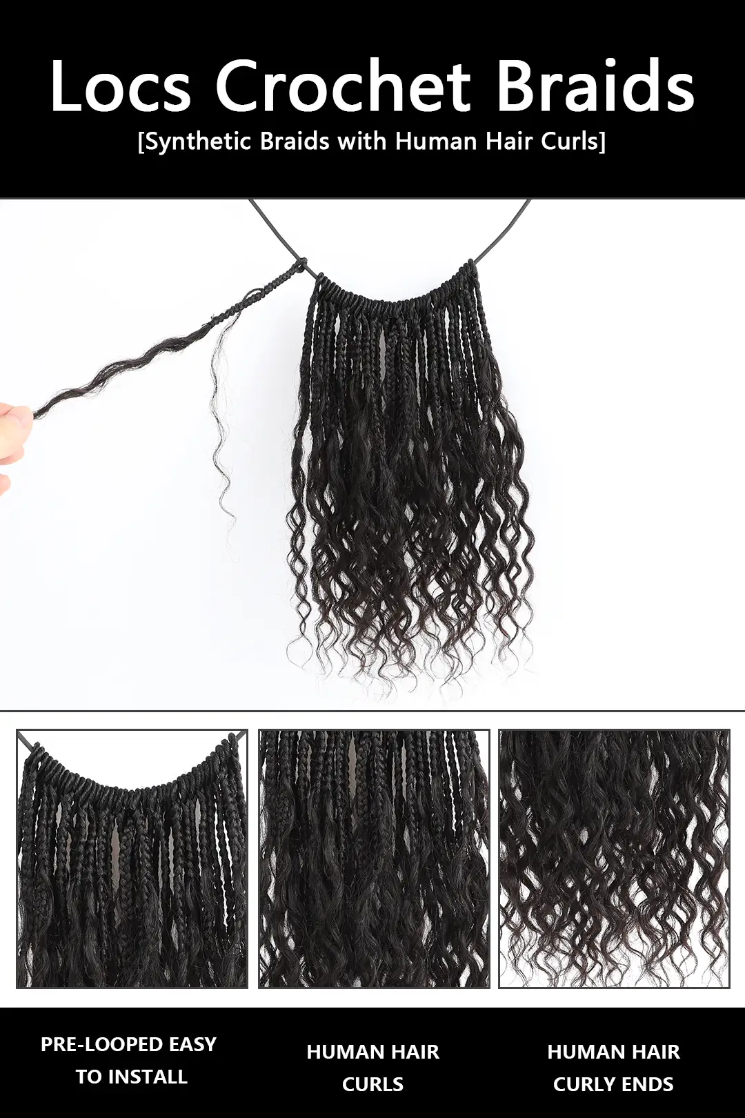10 Inch Short Boho Bob Crochet Box Braids with Human Hair Curls BB01 - Image 7