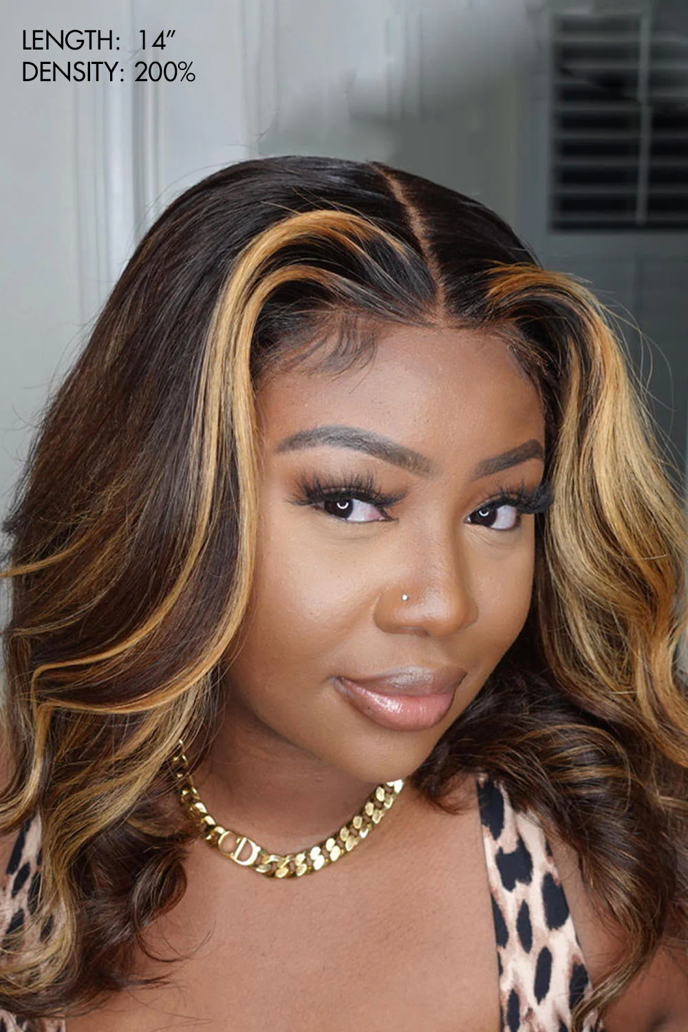 13x6 HD Glueless Lace Brown with Blond Highlight Wave Wig-HD22 - Image 2