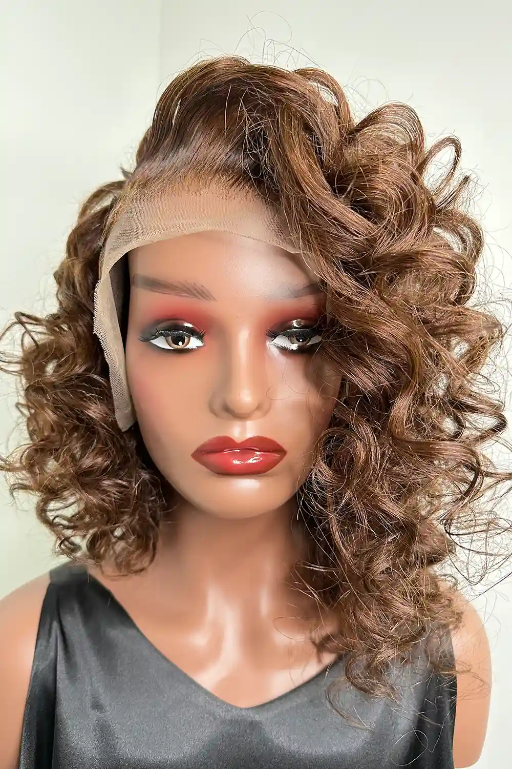 13x4 Lace Front 14 Inch Bob Wig Dark Brown Curly Side Part - Image 2