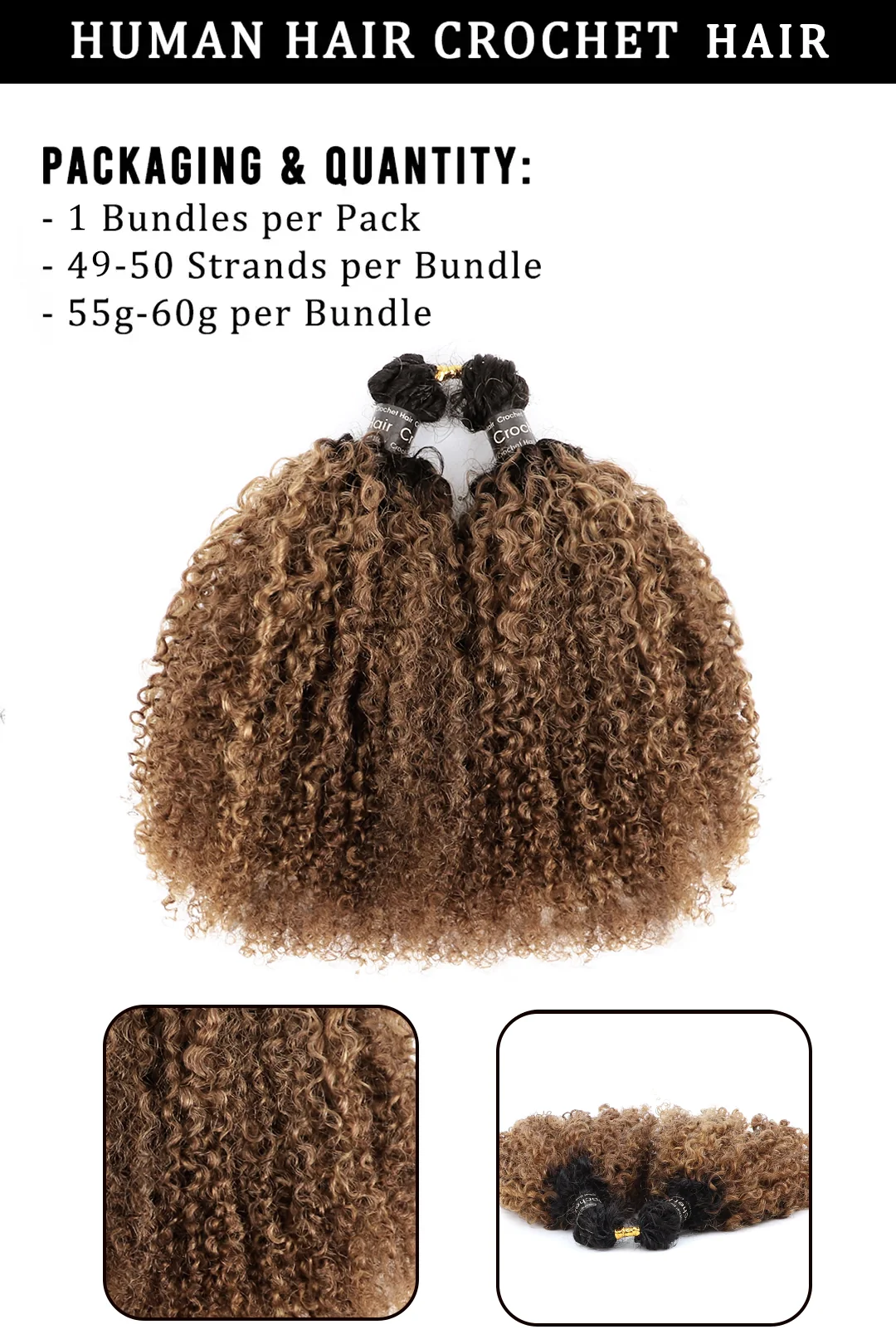 Double Drawn T1B/30 Ombre Color Tight Curly Feather Crochet Human Hair - Image 4
