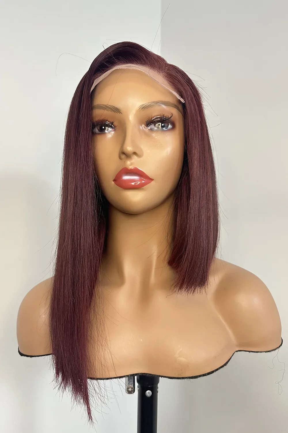 5x5 Closure 14 Inch Blunt Cut Burgundy Side Part Asymmetrical Bob - Image 5