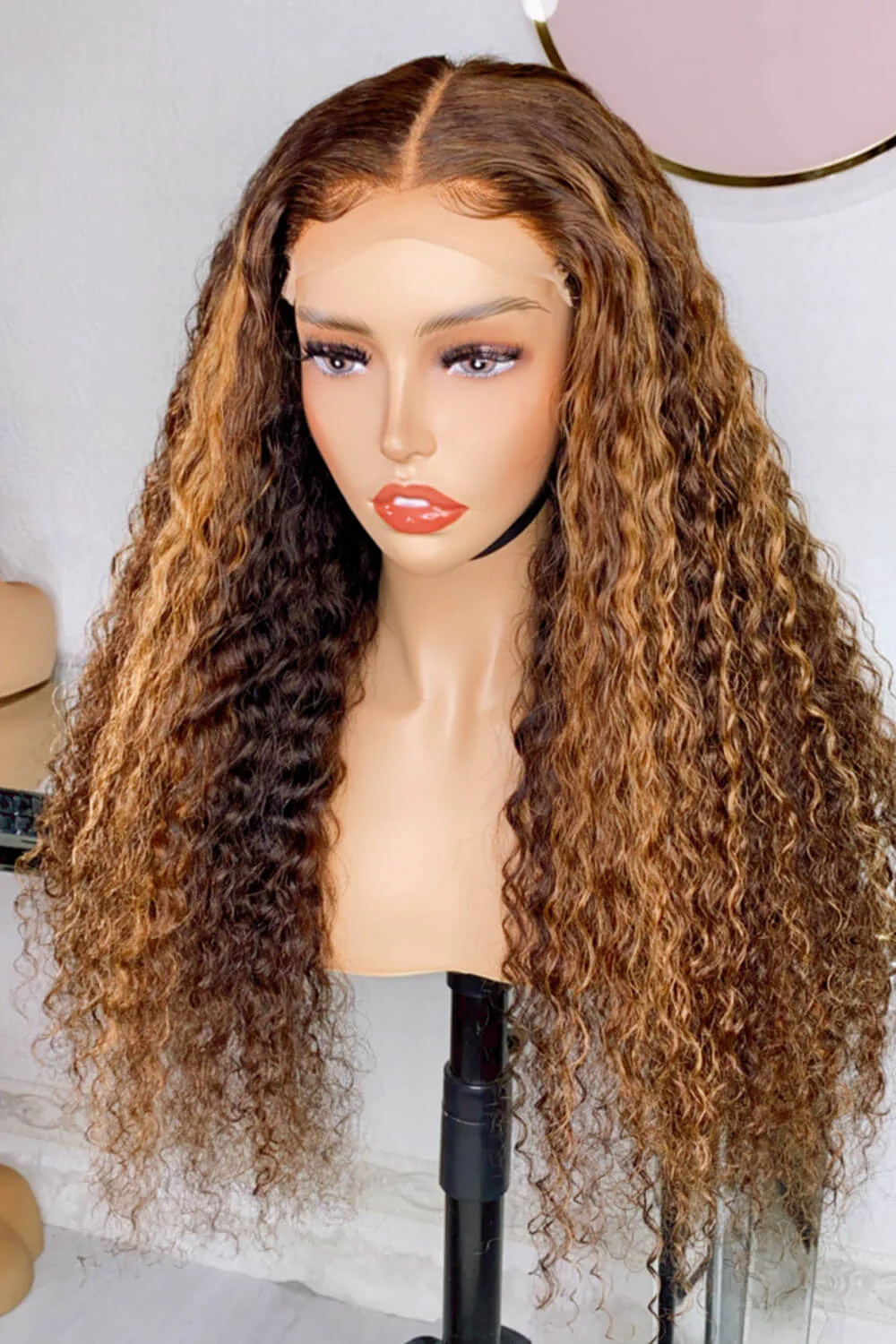 5x5 Lace Closure Wig Deep Wave Light Honey Brown with Highlights - Image 3