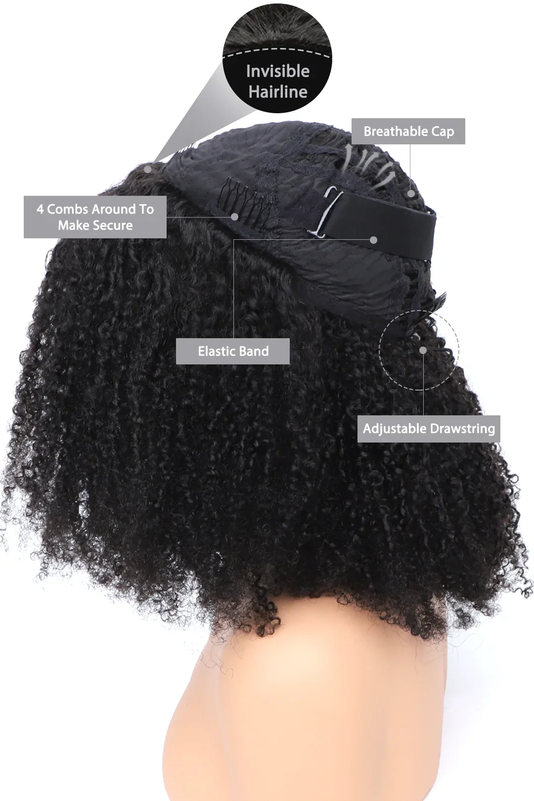 Afro Kinky Curly Half Wig Flexible Fit Drawstring Human Hair Seamless Wig - Image 6