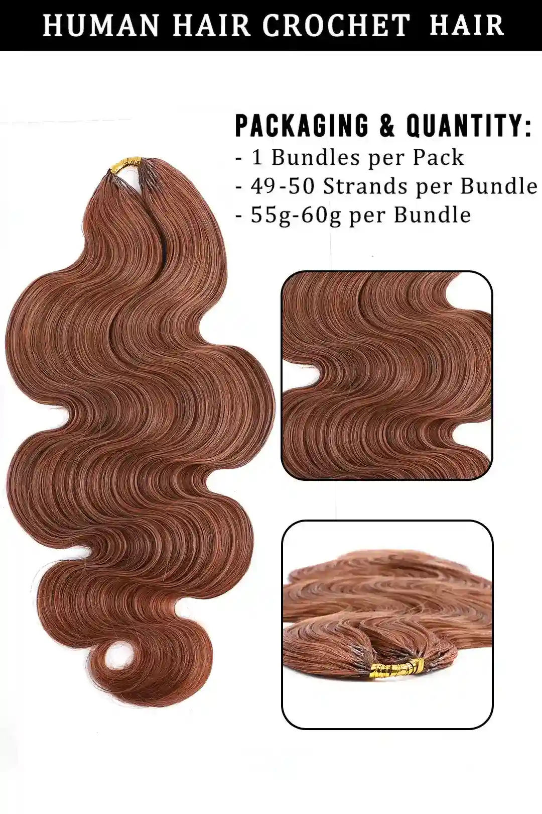 Auburn Brown #30 Body Wave Feather Crochet Human Hair Miracle Knots - Image 5