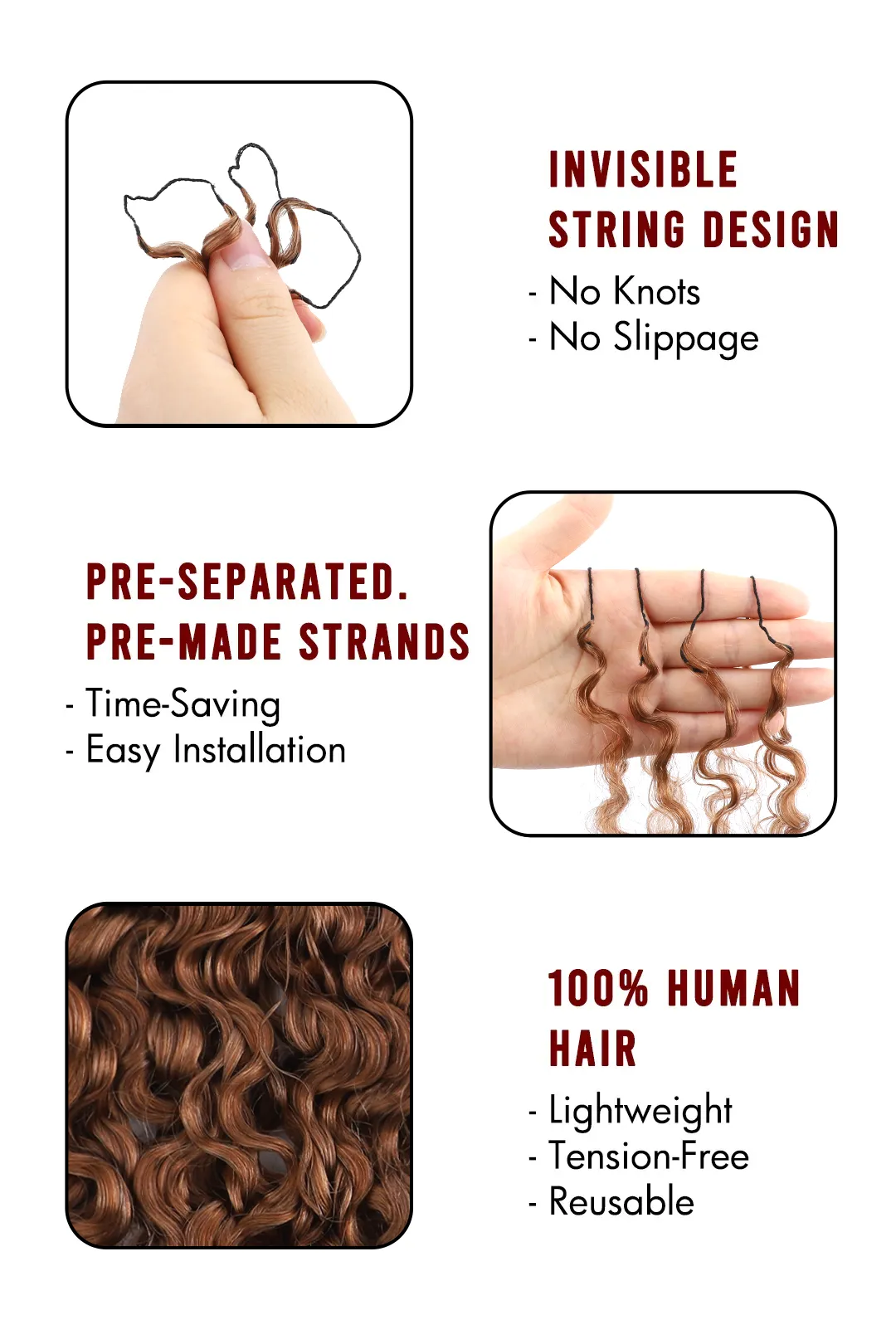 Auburn Brown #30 Burmese Curly with Spiral Curls Feather Crochet Miracle Knots Hair - Image 4