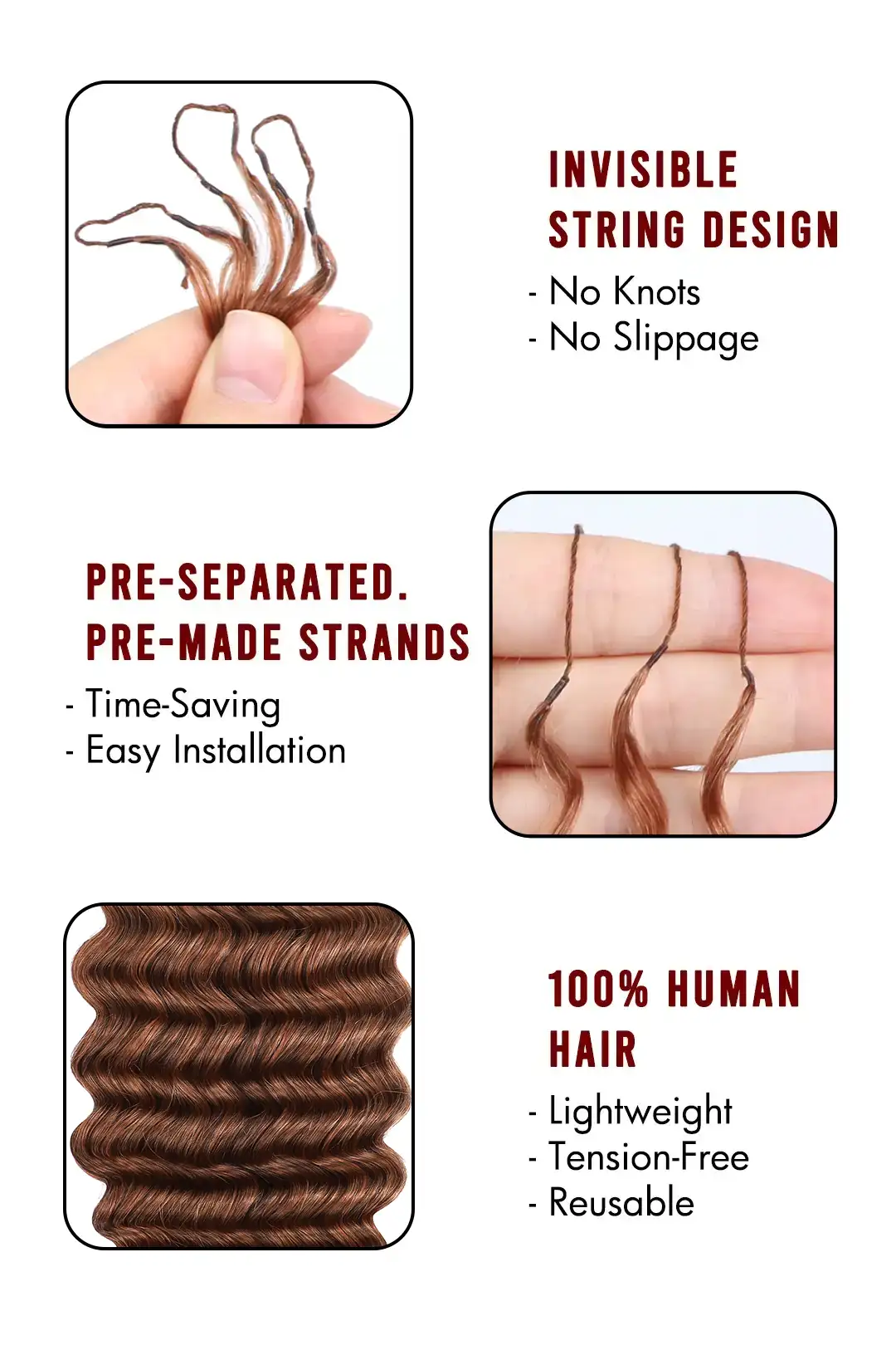 Auburn Brown #30 Deep Wave Feather Crochet Miracle Knots Human Hair - Image 6