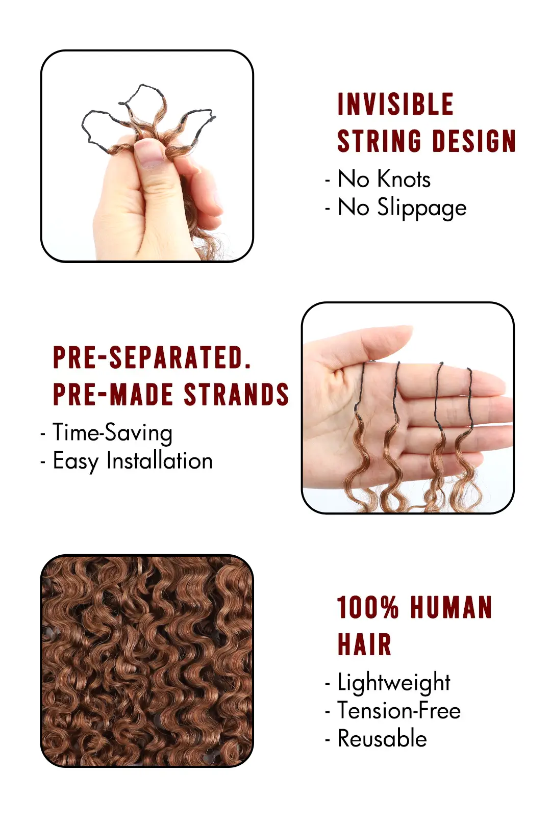 Auburn Brown #30 Water Deep Wave Feather Crochet Miracle Knots Hair - Image 4