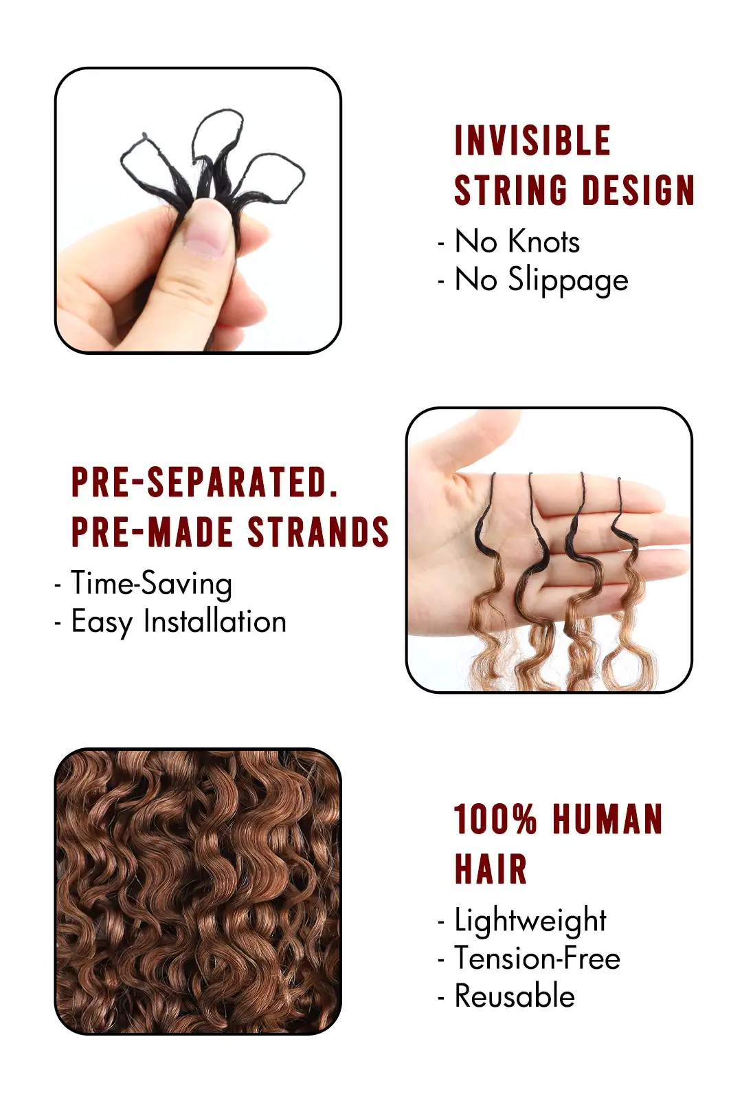 Auburn Brown Ombre Burmese Curly with Spiral Curls Feather Crochet Hair - T1B/30 Human Hair - Image 4