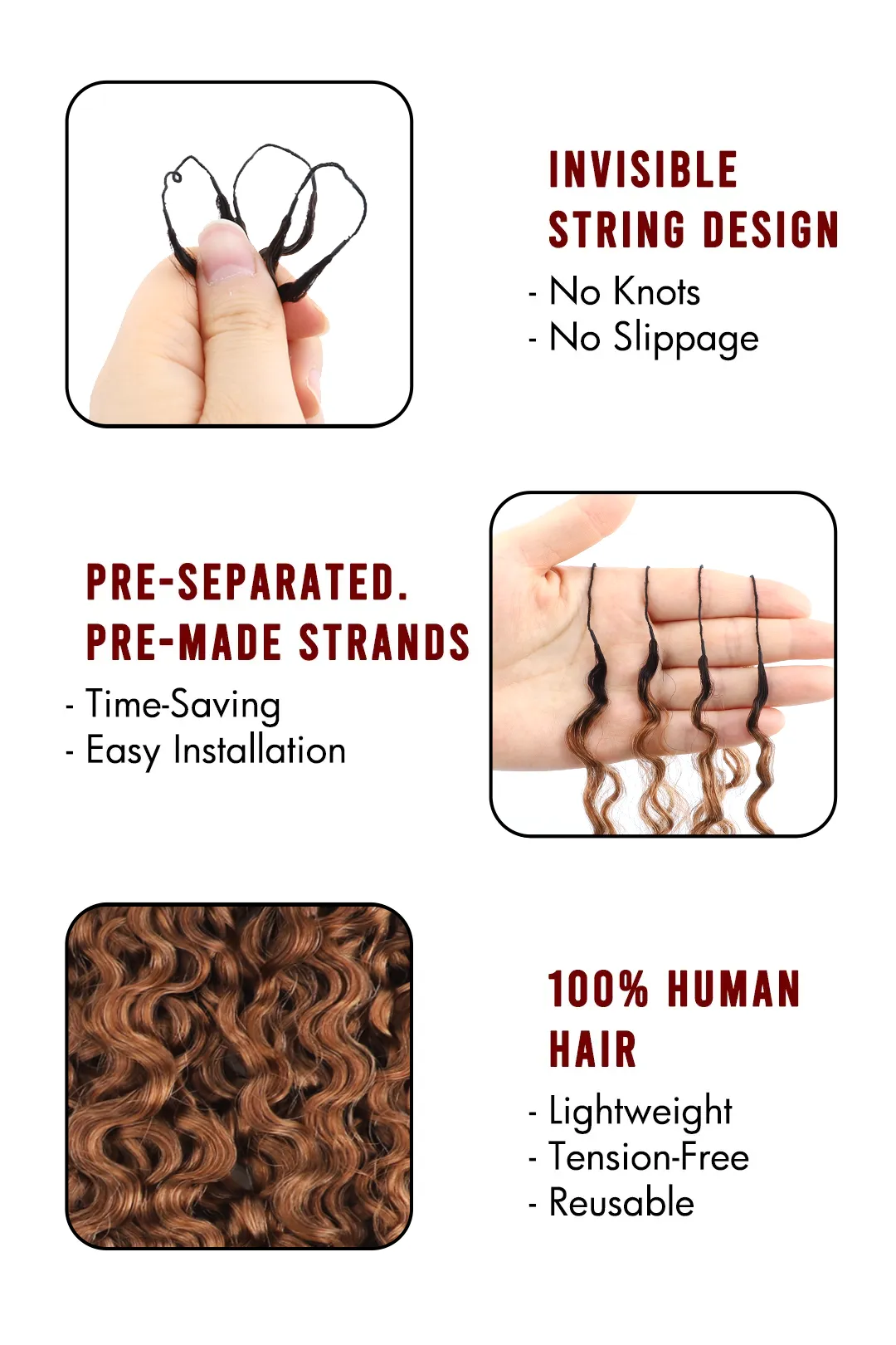 Auburn Brown Ombre Water Deep Wave Feather Crochet Hair - T1B/30 Human Hair - Image 4