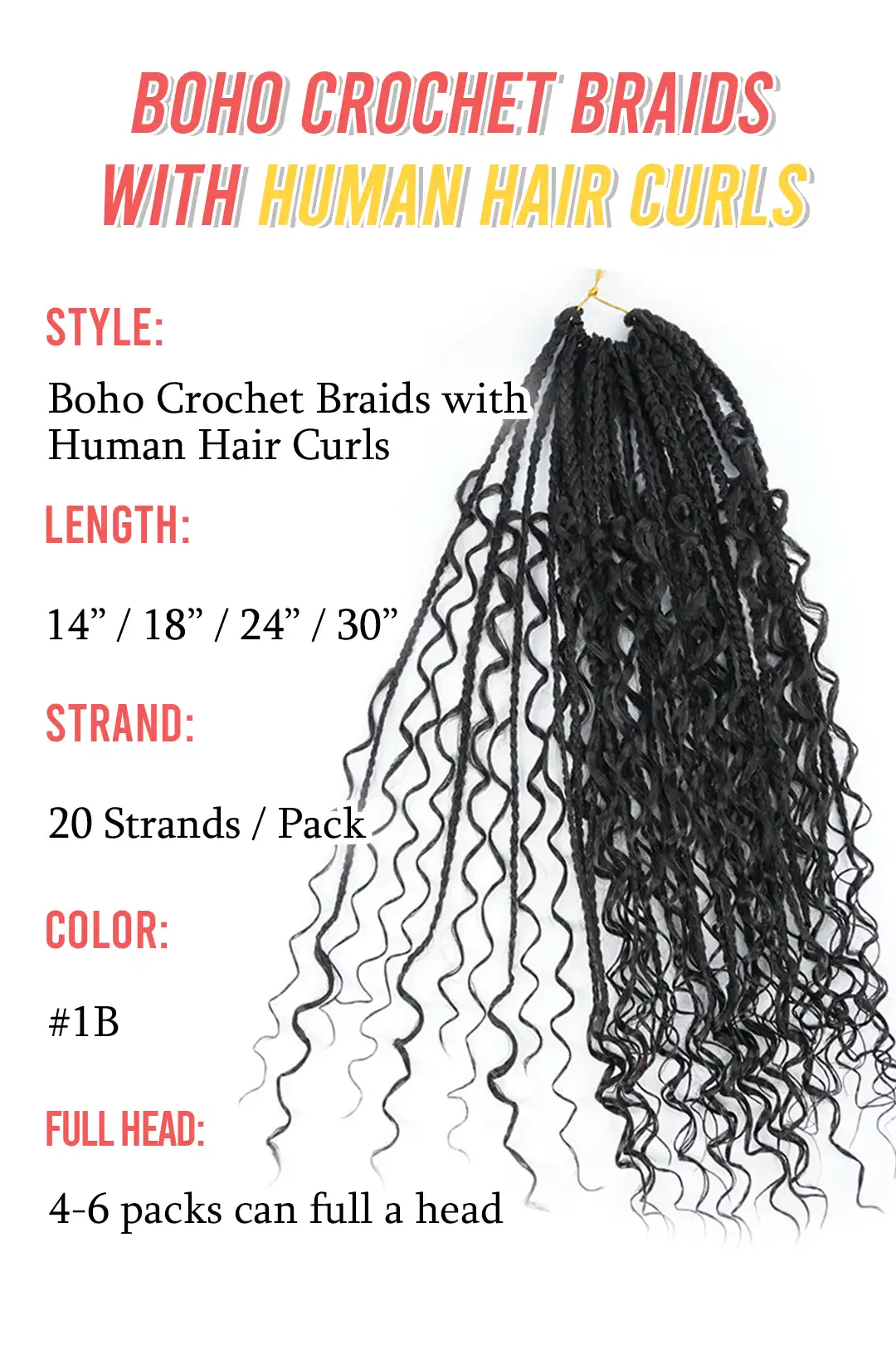 Boho Crochet Box Braids with Human Hair Curls Pre-Looped Deep Wave 20 Strands BB01 - Image 5