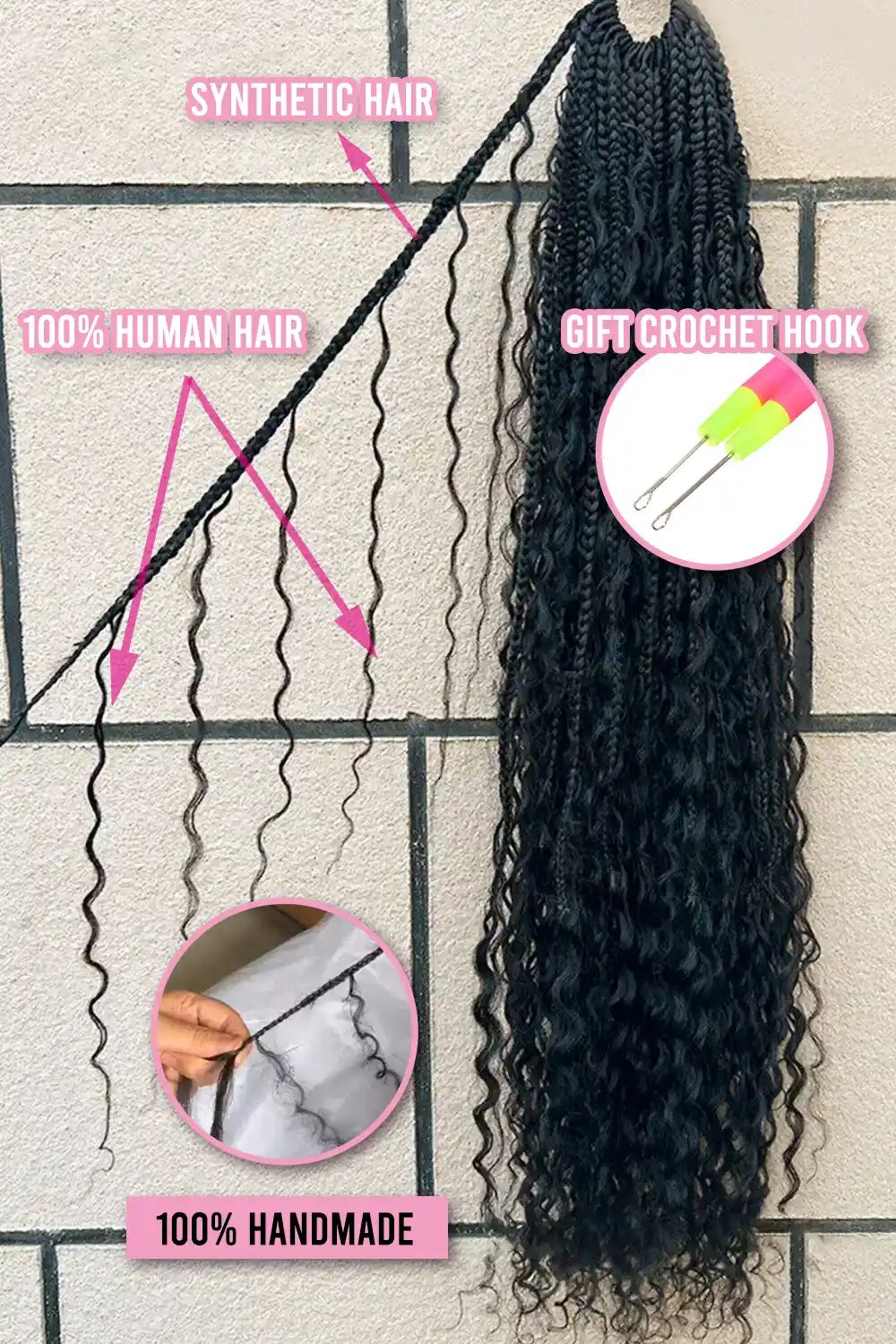Boho Crochet Box Braids with Human Hair Curls Pre-Looped Deep Wave 20 Strands BB01 - Image 6
