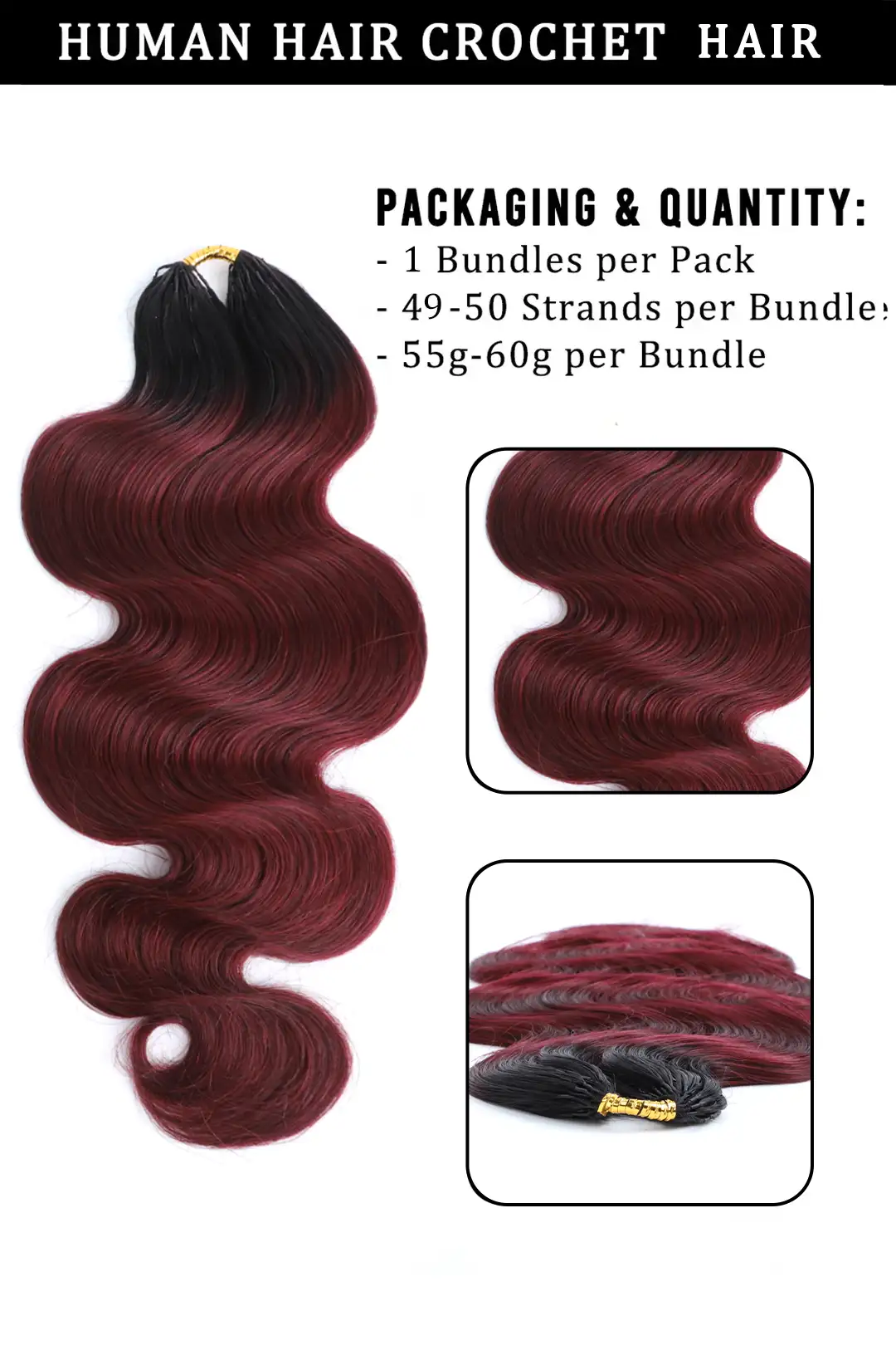 Double Drawn Burgundy Ombre Body Wave Feather Crochet Hair - T1B/99J Human Hair - Image 5