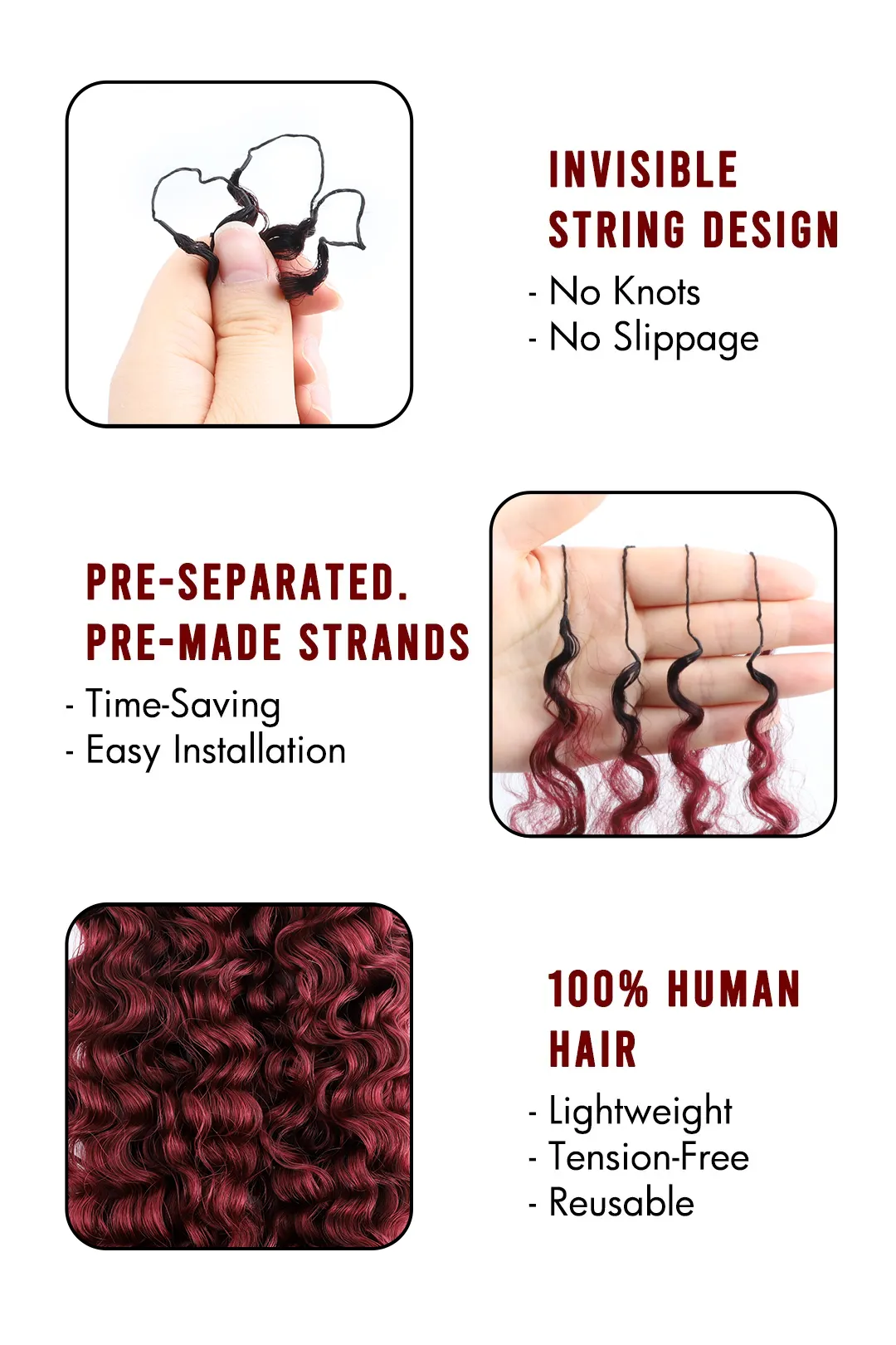 Burgundy Ombre Water Deep Wave Feather Crochet Hair - T1B/99J Human Hair - Image 4