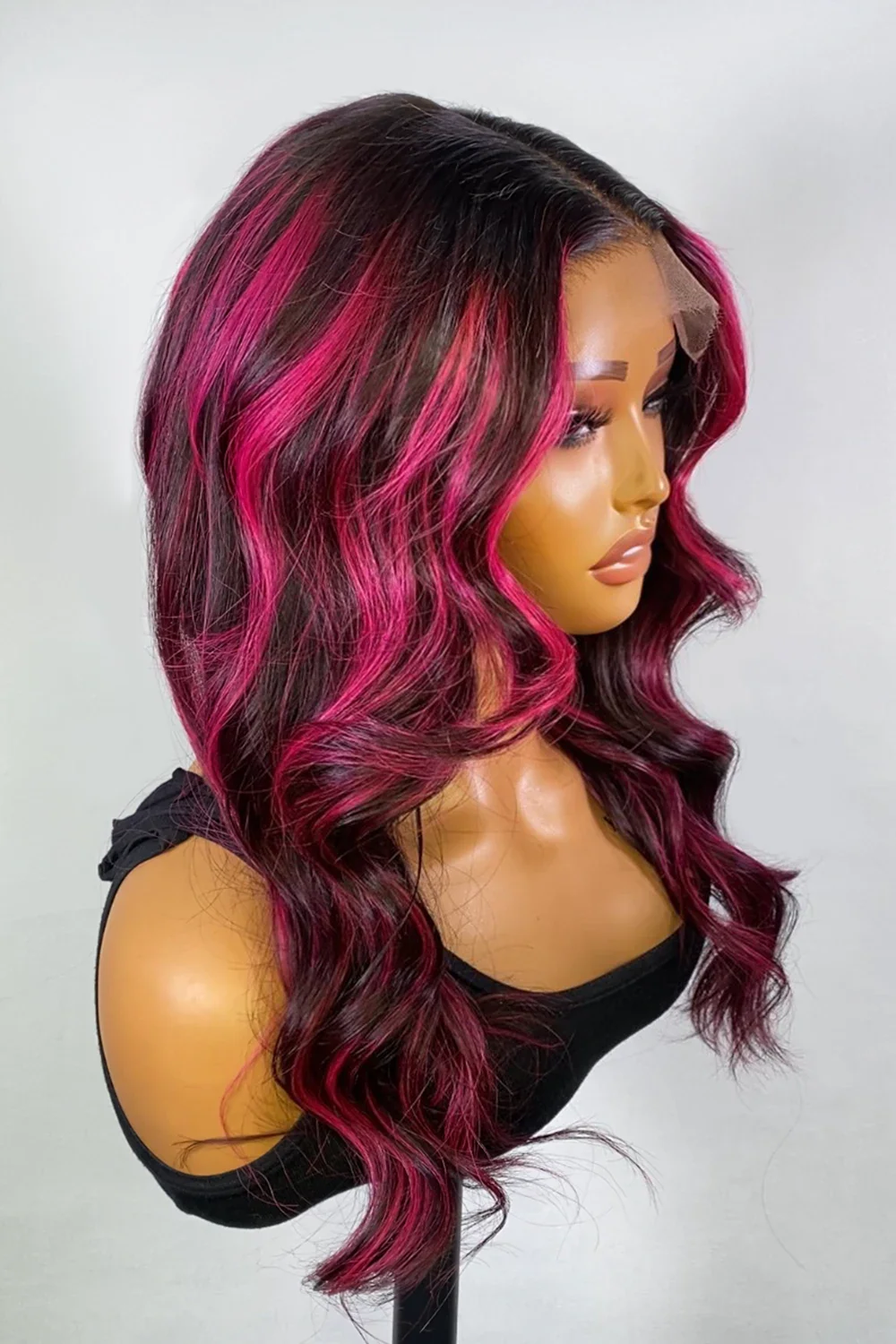 Burgundy Red Skunk Stripe Wig Gluess HD Lace Frontal Body Wave - Image 2
