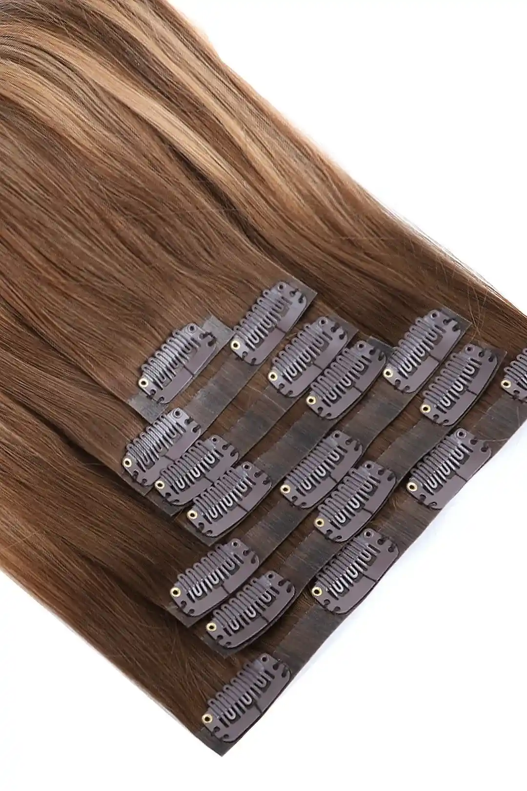 Double Drawn Seamless Clip in Hair Extensions Brown with Blonde Highlights - Image 2