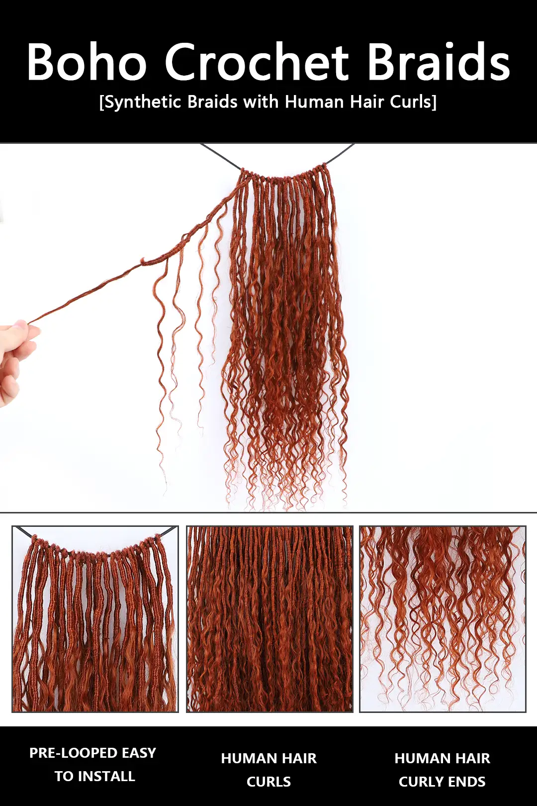 Copper Red Crochet Faux Locs Braids with Human Hair Curls BB09 - Image 3