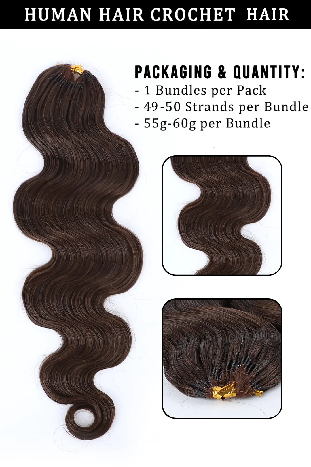 Dark Brown Body Wave Feather Crochet Hair Extension for Miracle Knots - Image 2