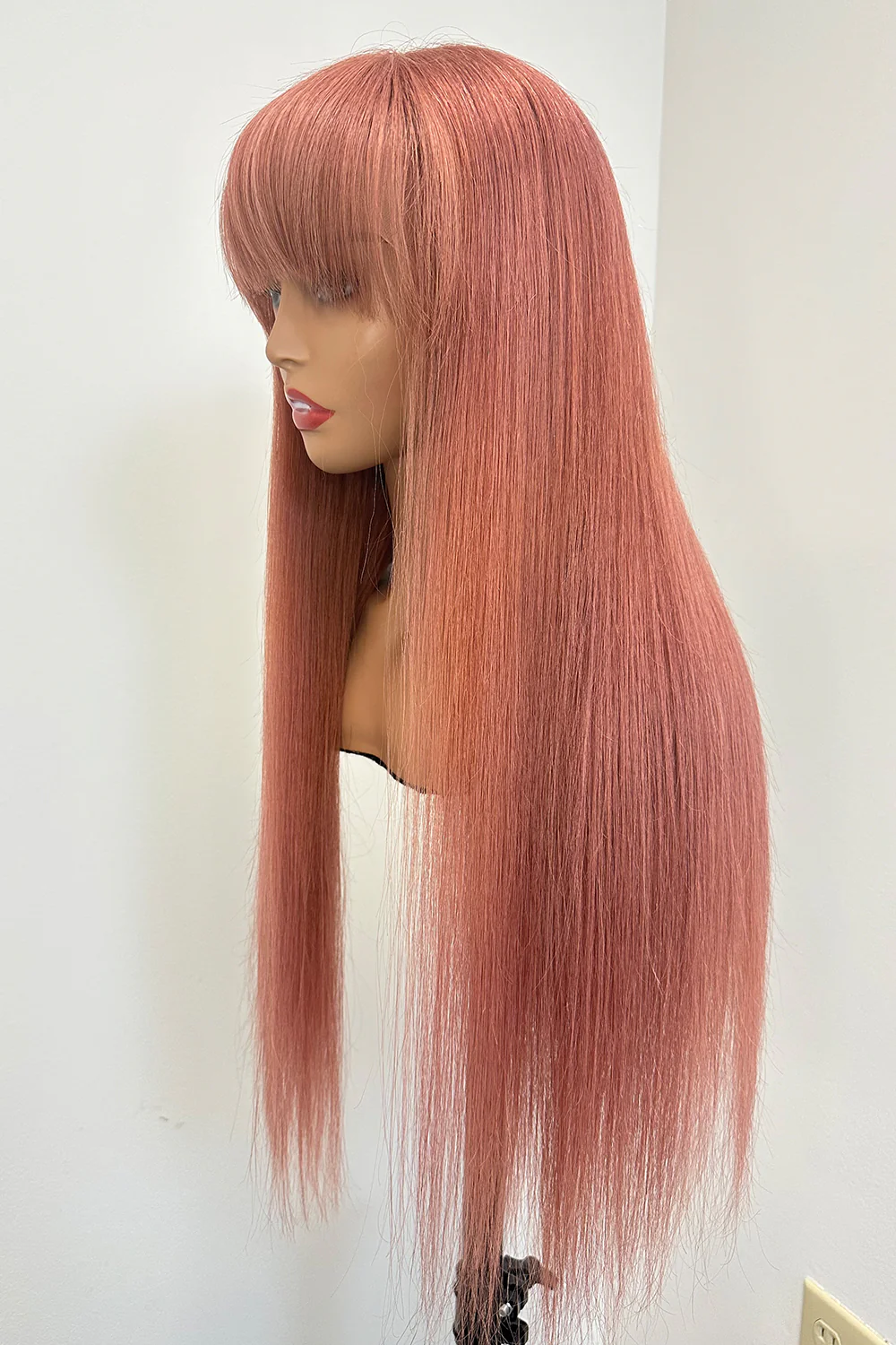 Designer Wigs-Light Pink Long Silky Straight Wig With Bangs Friendly - Image 2