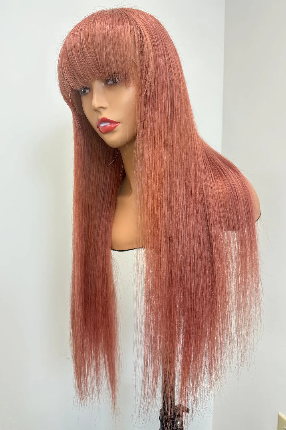Designer Wigs-Light Pink Long Silky Straight Wig With Bangs Friendly - Image 6