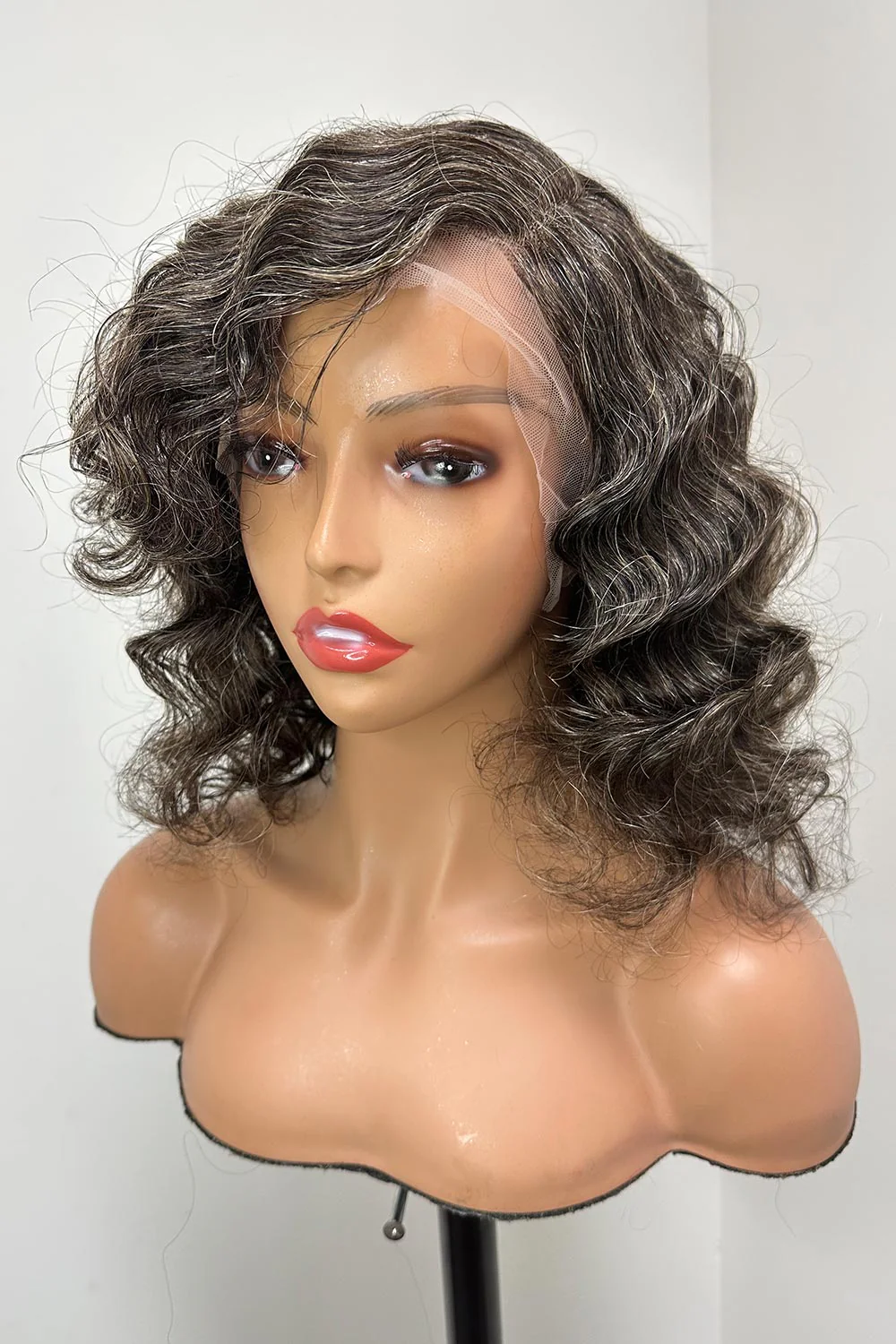 Designer Wigs-Salt & Pepper Mix Grey Color Loose Wavy Bob HD Lace Glueless Wigs