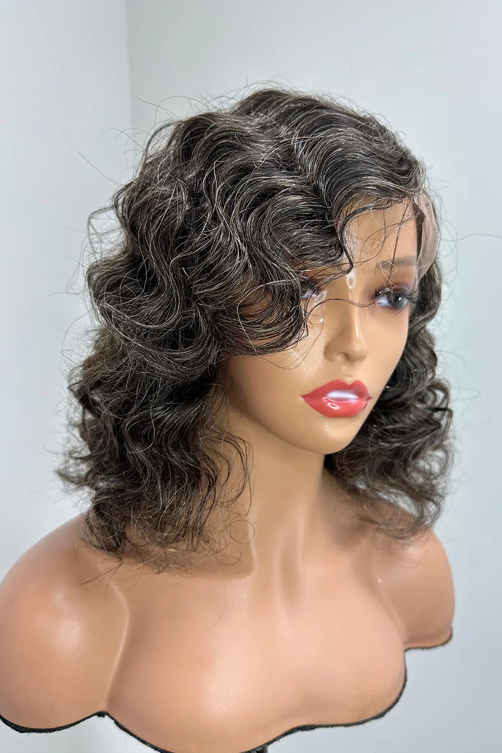 Designer Wigs-Salt & Pepper Mix Grey Color Loose Wavy Bob HD Lace Glueless Wigs - Image 4