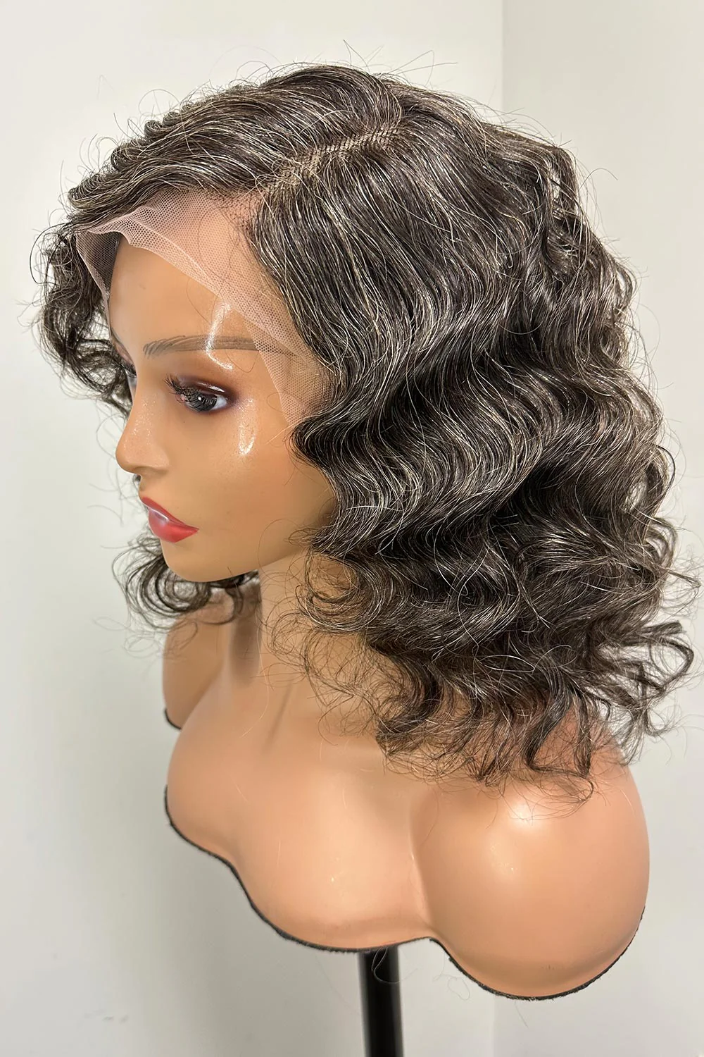 Designer Wigs-Salt & Pepper Mix Grey Color Loose Wavy Bob HD Lace Glueless Wigs - Image 6