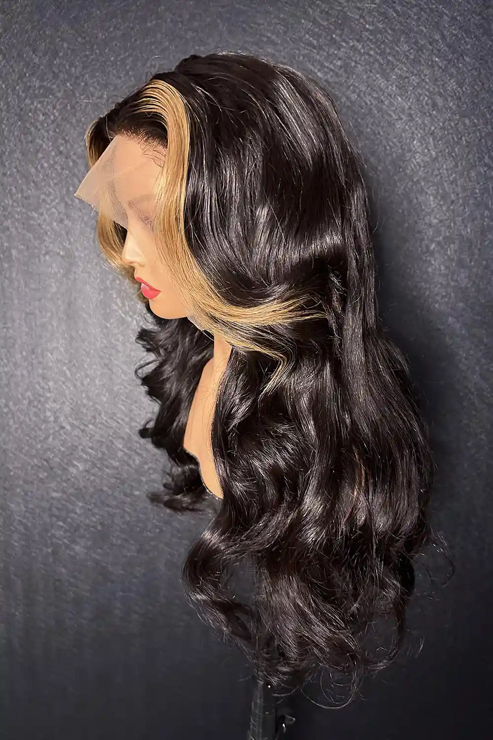 Designer Wigs-Skunk Stripe Wigs 13x4 Full Frontal Wig Body Wave Brown Highlights