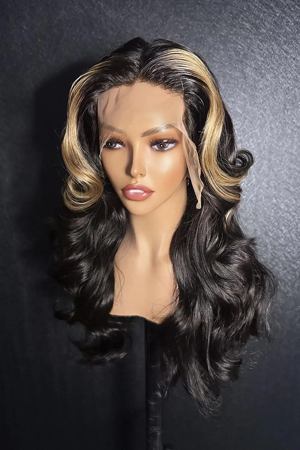 Designer Wigs-Skunk Stripe Wigs 13x4 Full Frontal Wig Body Wave Brown Highlights - Image 2