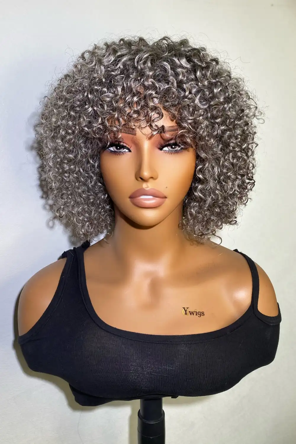 Silver Grey Salt and Pepper Curly Bob Wig Non Lace Human Hair