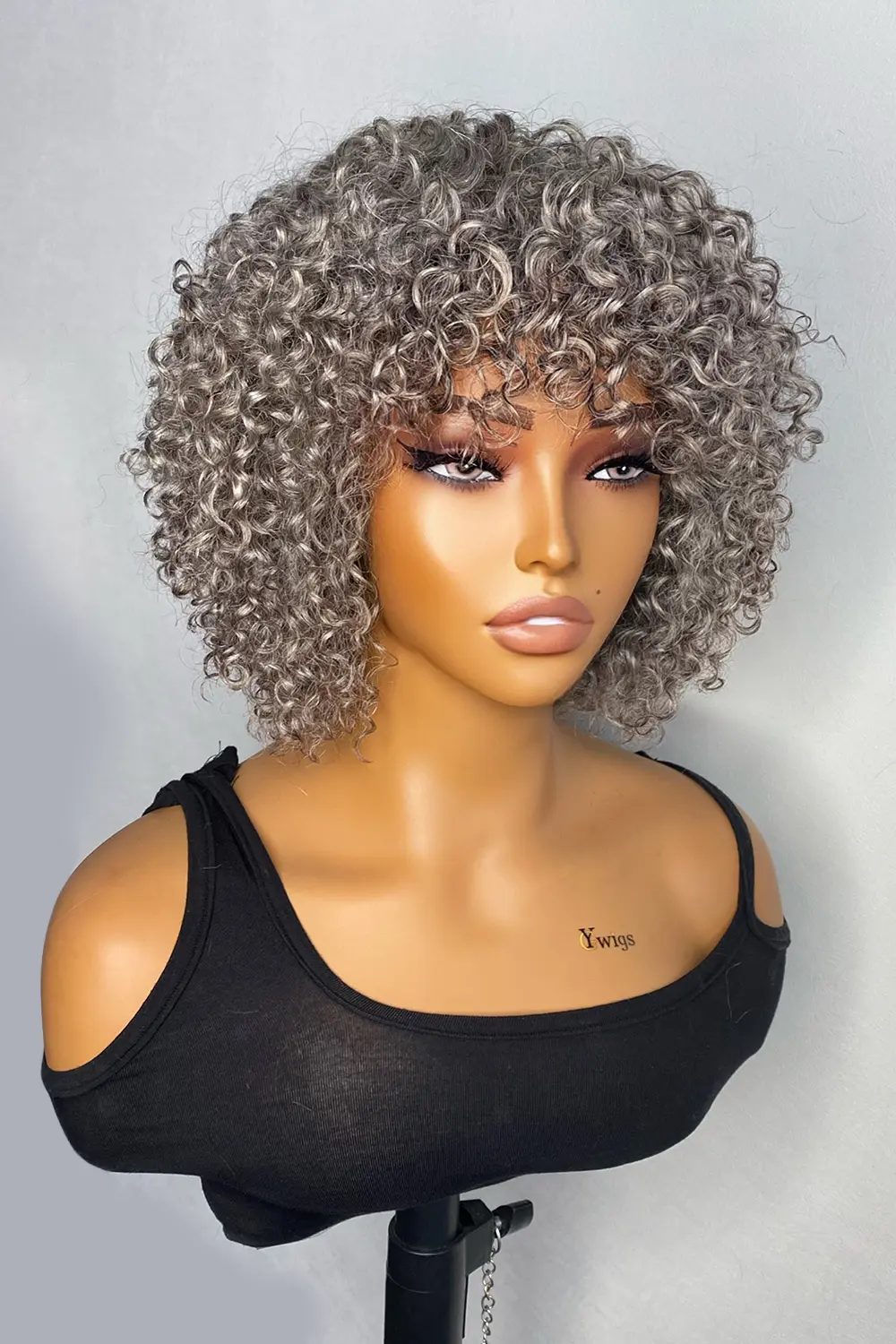Silver Grey Salt and Pepper Curly Bob Wig Non Lace Human Hair - Image 2