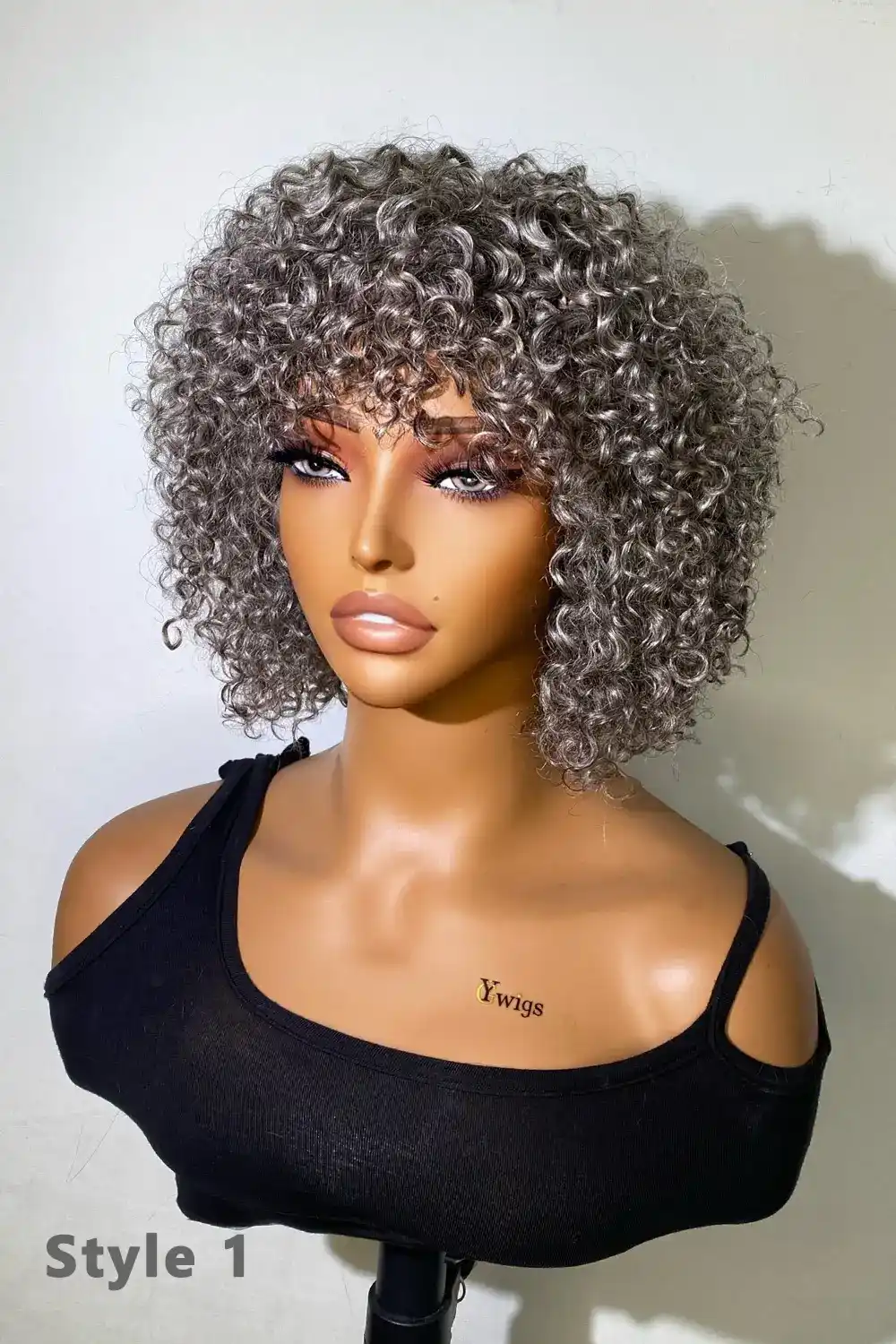 Silver Grey Salt and Pepper Curly Bob Wig Non Lace Human Hair - Image 4