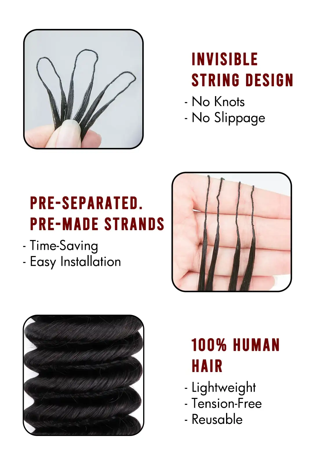 Handmade Feather Line Hair Extensions Loose Deep Wave Single-Strand with Loop - Image 6