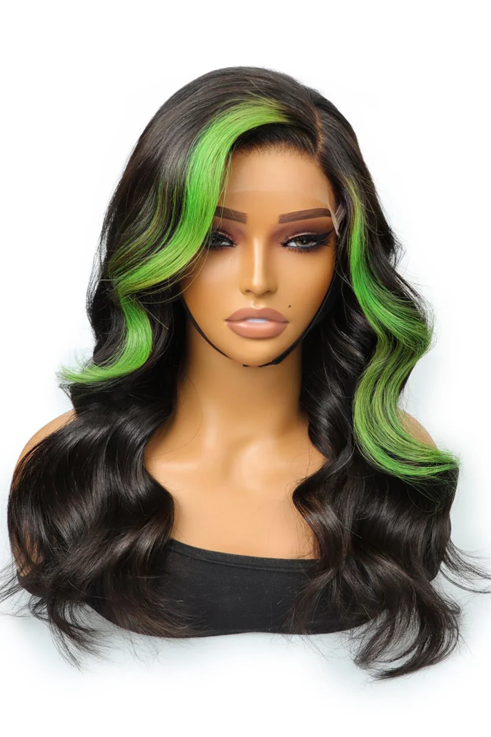 Green Skunk Stripe Wig Glueless HD Lace Frontal Human Hair Body Wave - Image 2