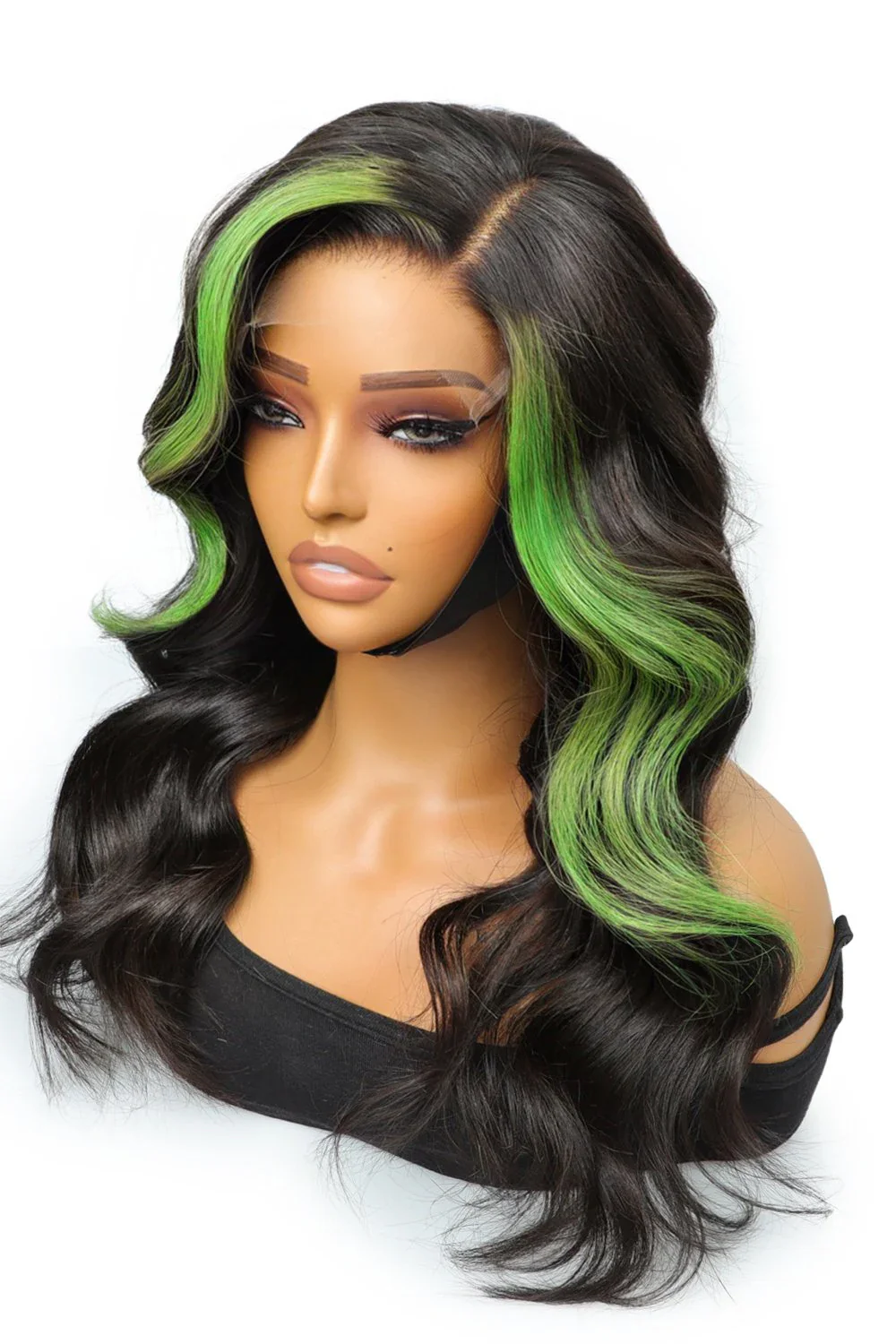 Green Skunk Stripe Wig Glueless HD Lace Frontal Human Hair Body Wave - Image 3