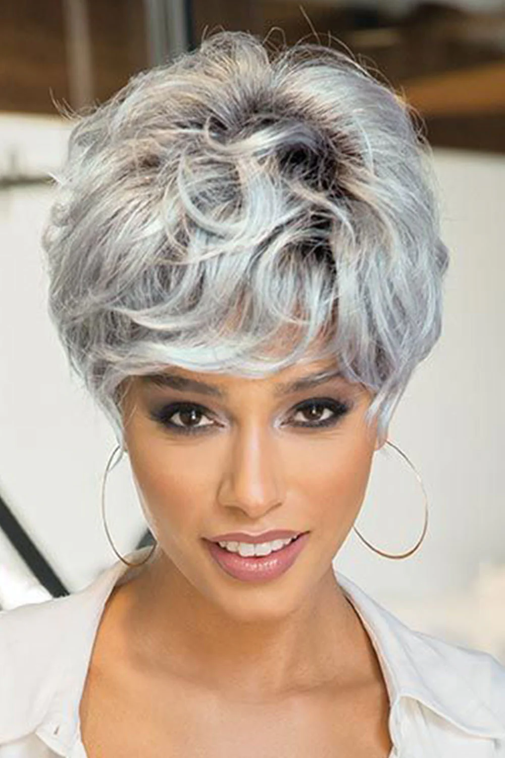 Grey Pixie Cut Human Hair Wig with Bangs MM19 - Image 2