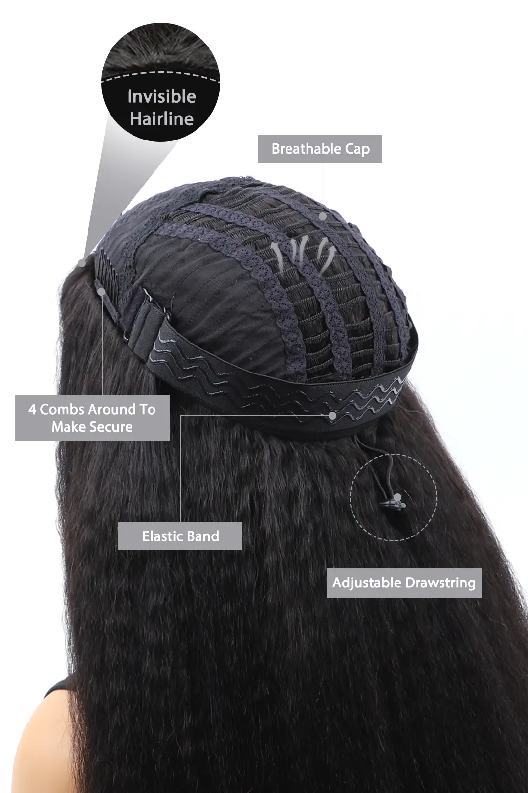 Kinky Straight Half Wig Flexible Fit Drawstring Human Hair Seamless Wig - Image 5