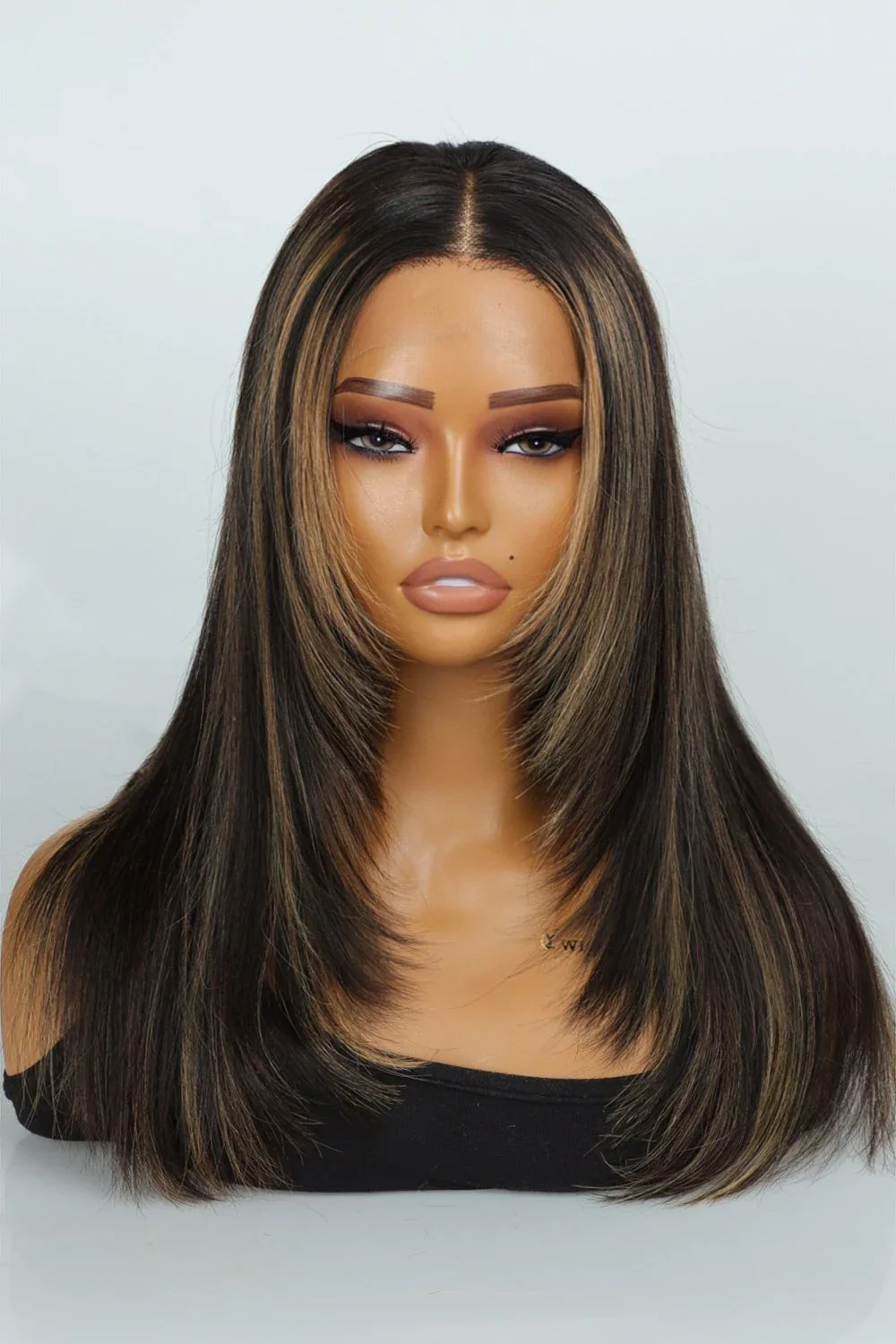 Layered Wolf Cut Black Wig with Brown Highlights Glueless HD Lace