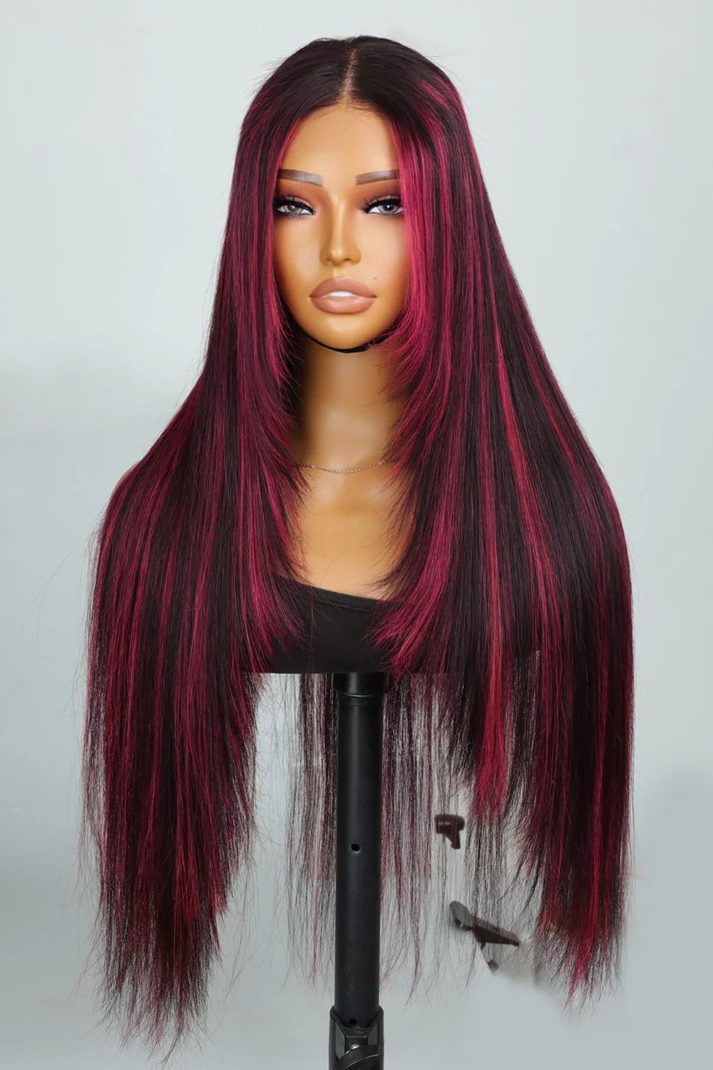 Layered Wolf Cut Burgundy Red Skunk Stripe Wig Glueless HD Lace Straight