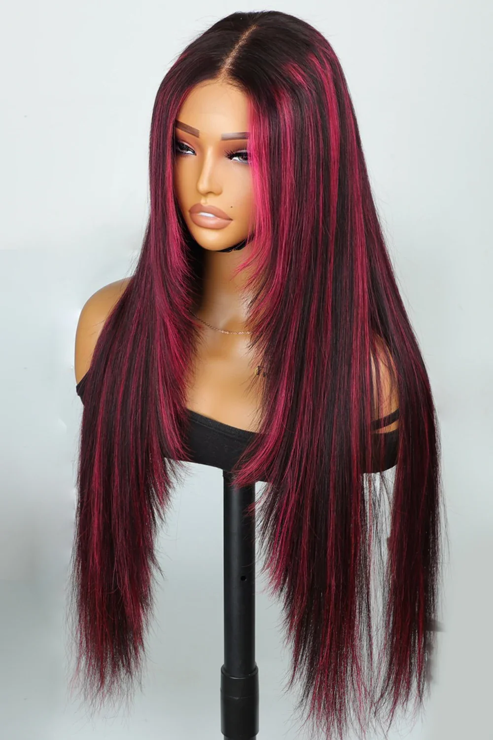 Layered Wolf Cut Burgundy Red Skunk Stripe Wig Glueless HD Lace Straight - Image 2