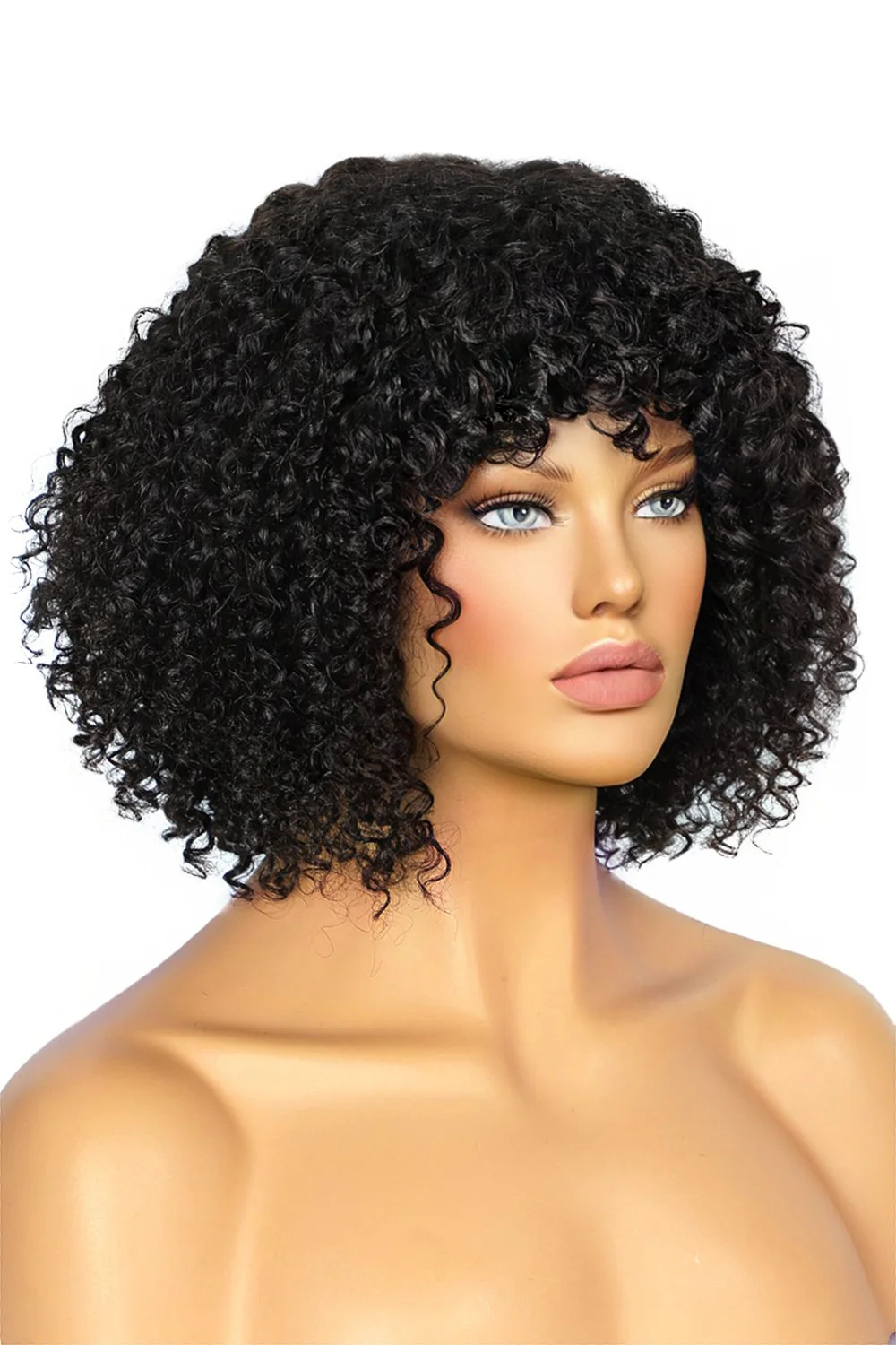No Glue Lace Top Wigs 12 inch Curly Bob Human Hair with Bangs - Image 4
