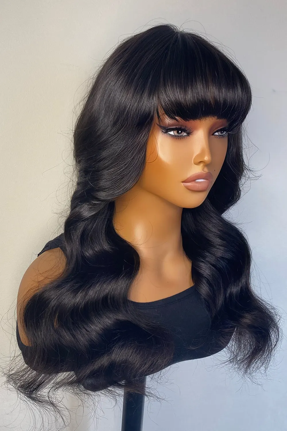 No Glue Wigs With Lace Front Top and Bangs Long Black Body Wave - Image 3