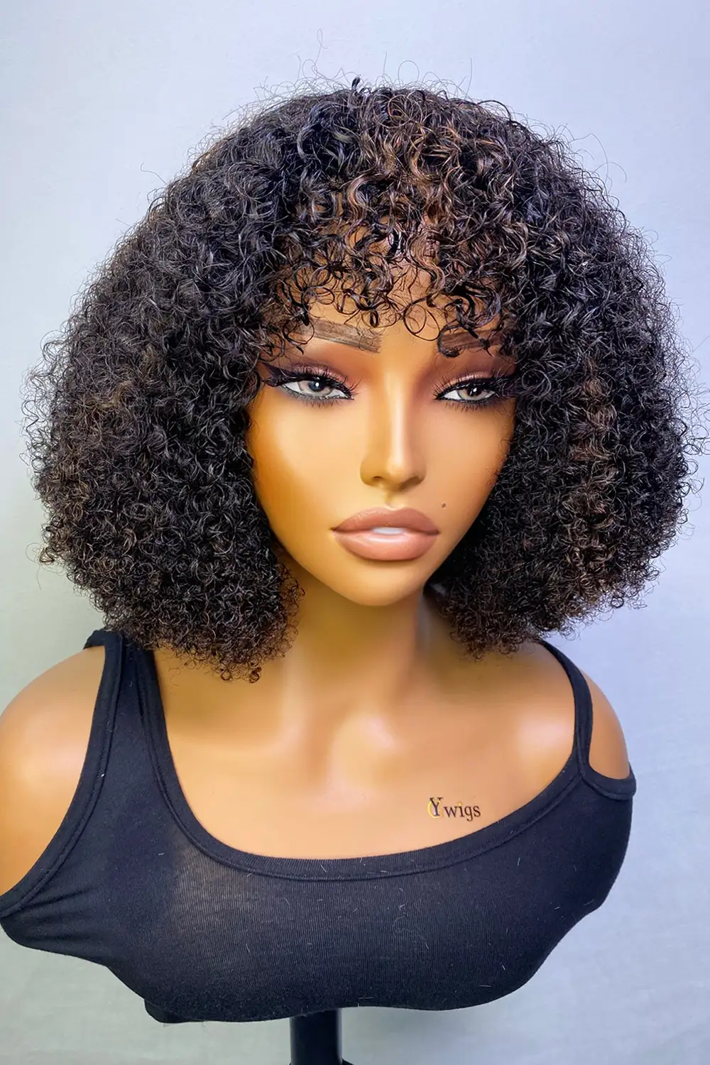 No Glue Wigs With Lace Front Top and Bangs Highlight Brown Curly - Image 4