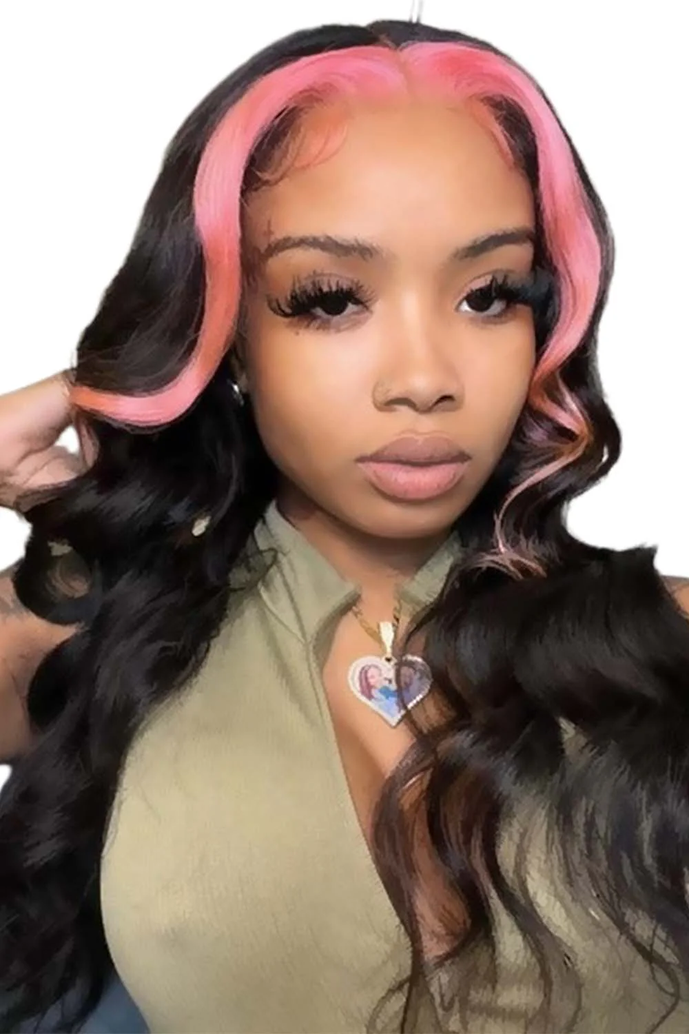 Pink Skunk Stripe Wig Middle Part Human Hair Body Wave
