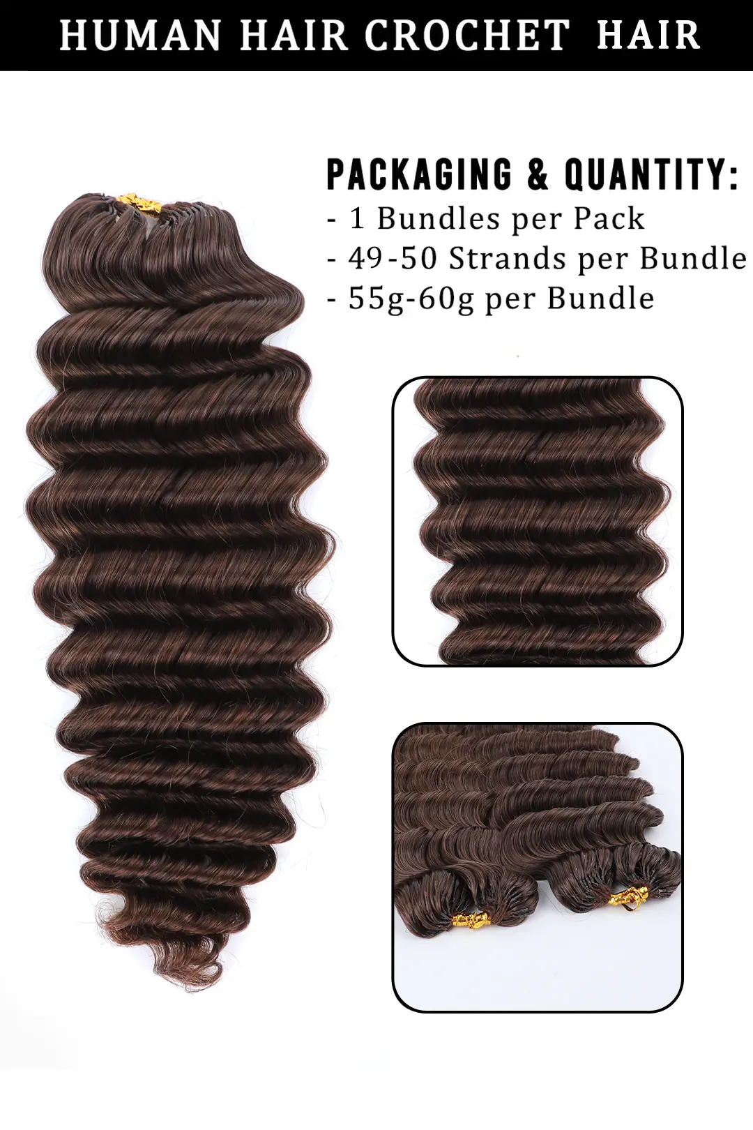 Dark Brown Deep Wave Feather Crochet Human Hair Extension - Image 2