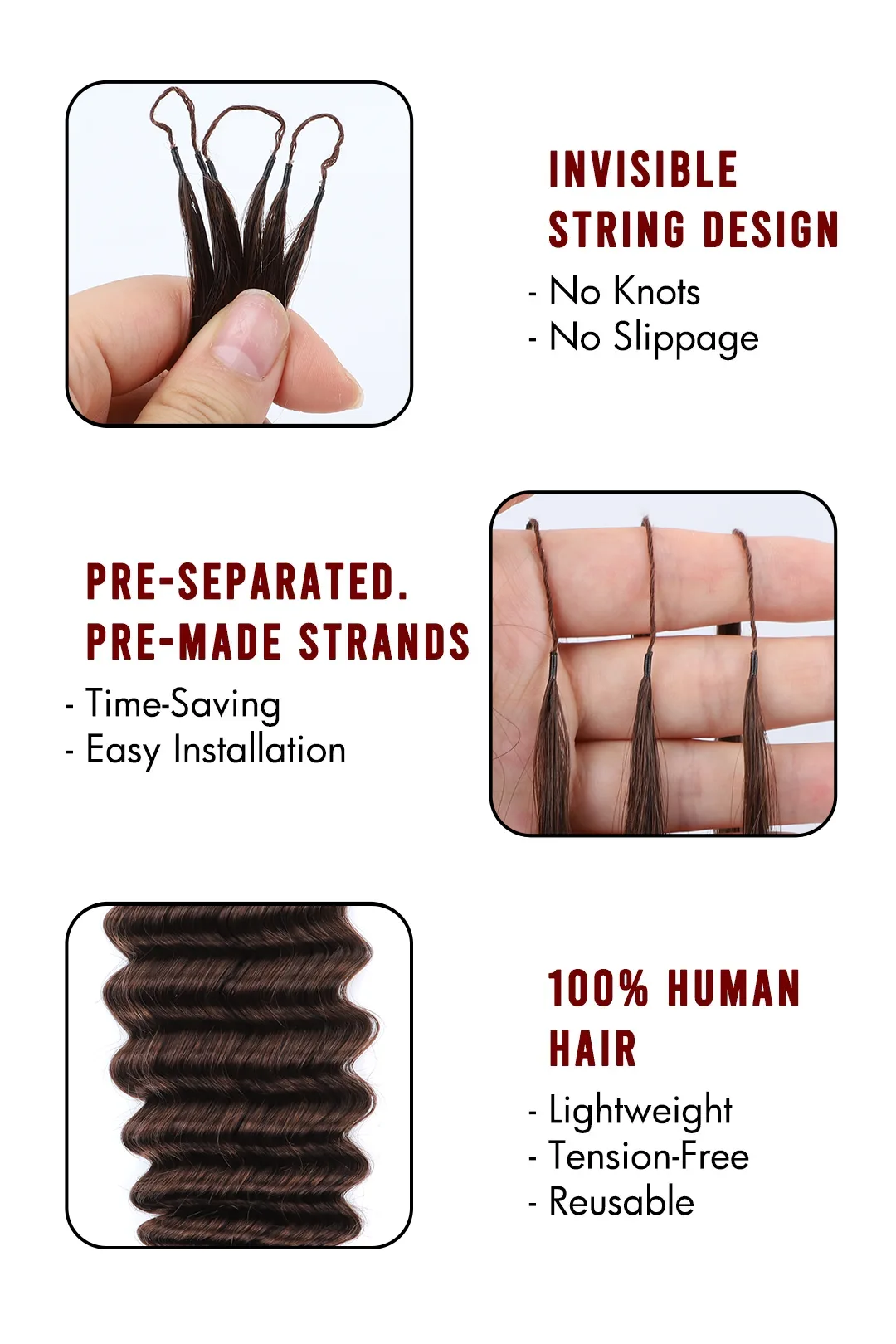 Dark Brown Deep Wave Feather Crochet Human Hair Extension - Image 3