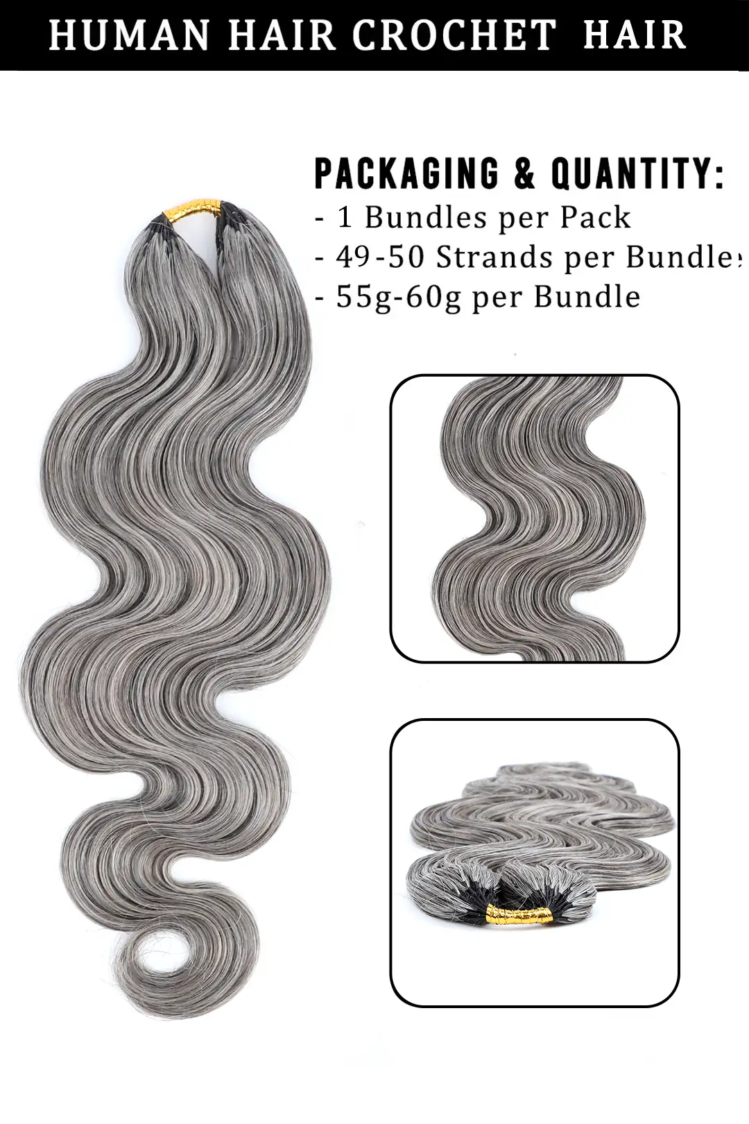 Double Drawn Salt and Pepper Body Wave Feather Crochet Human Hair 85% Gray - Image 5