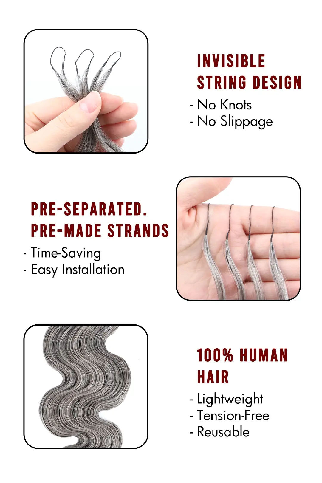 Double Drawn Salt and Pepper Body Wave Feather Crochet Human Hair 85% Gray - Image 6