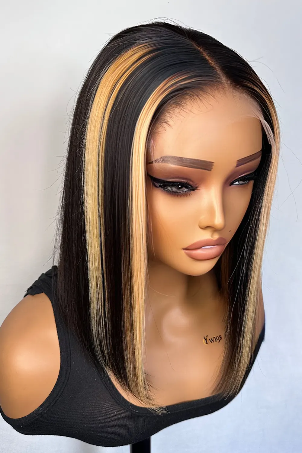 Shoulder Length Black Bob with Blonde Highlights Bone Straight