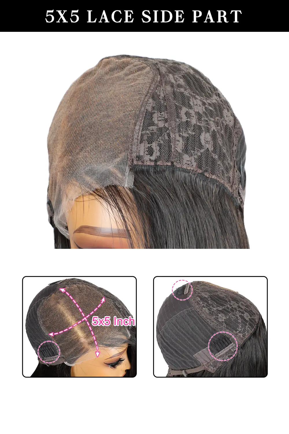 Deep Side Part Asymmetrical Bob 5x5 HD Lace Closure Wig Black Straight - Image 4