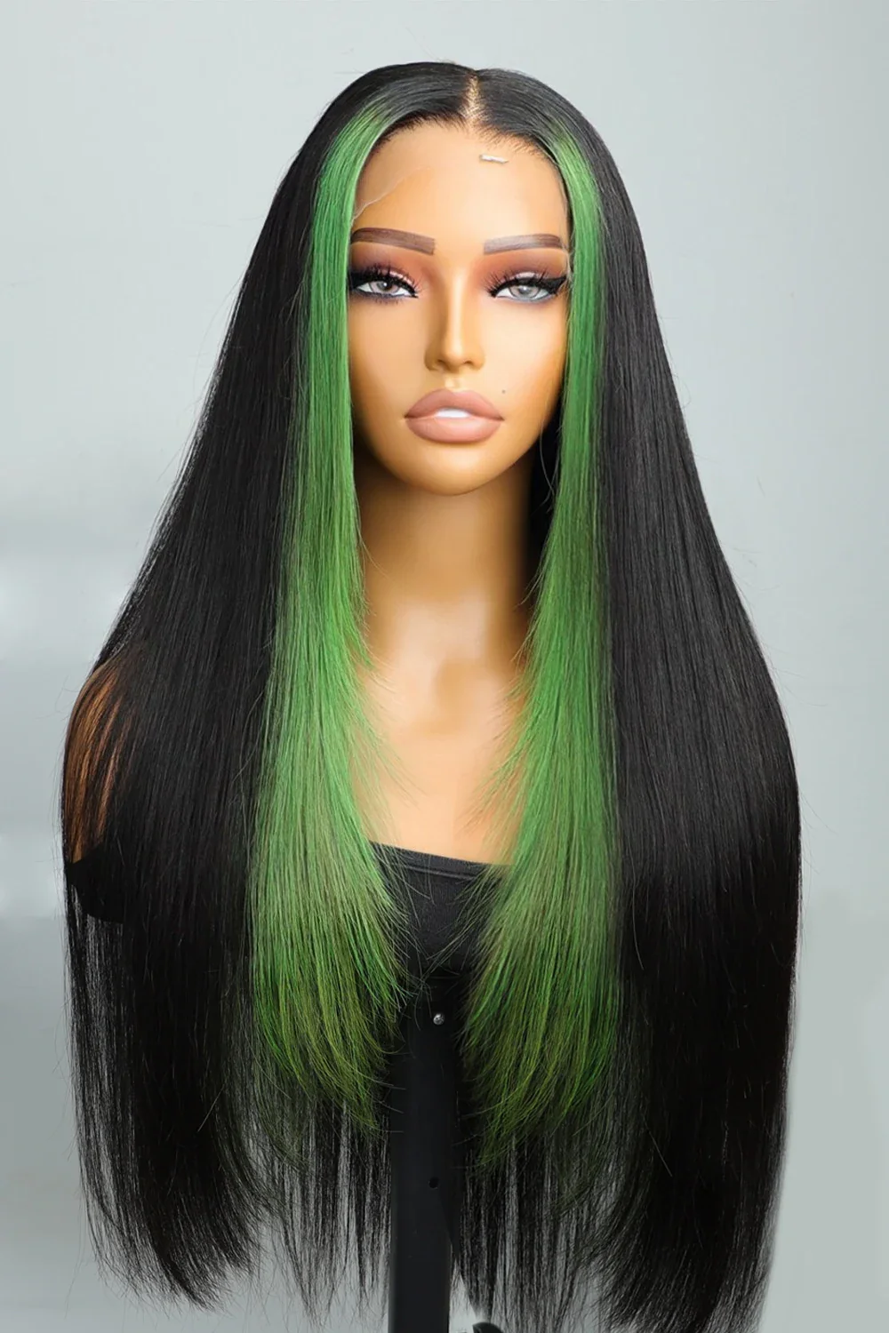 Layered Wolf Cut Green Skunk Stripe Wig Glueless HD Lace Frontal Straight